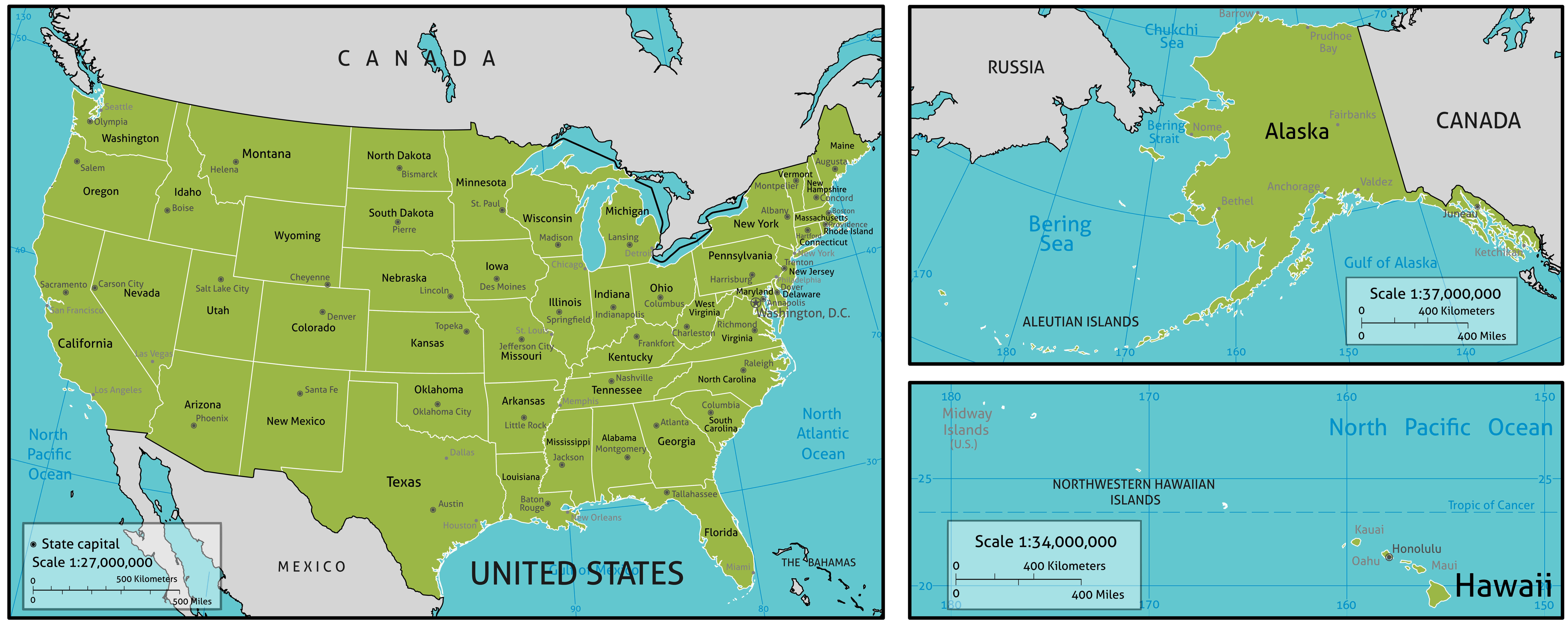 United States Alaska and Hawaii political map