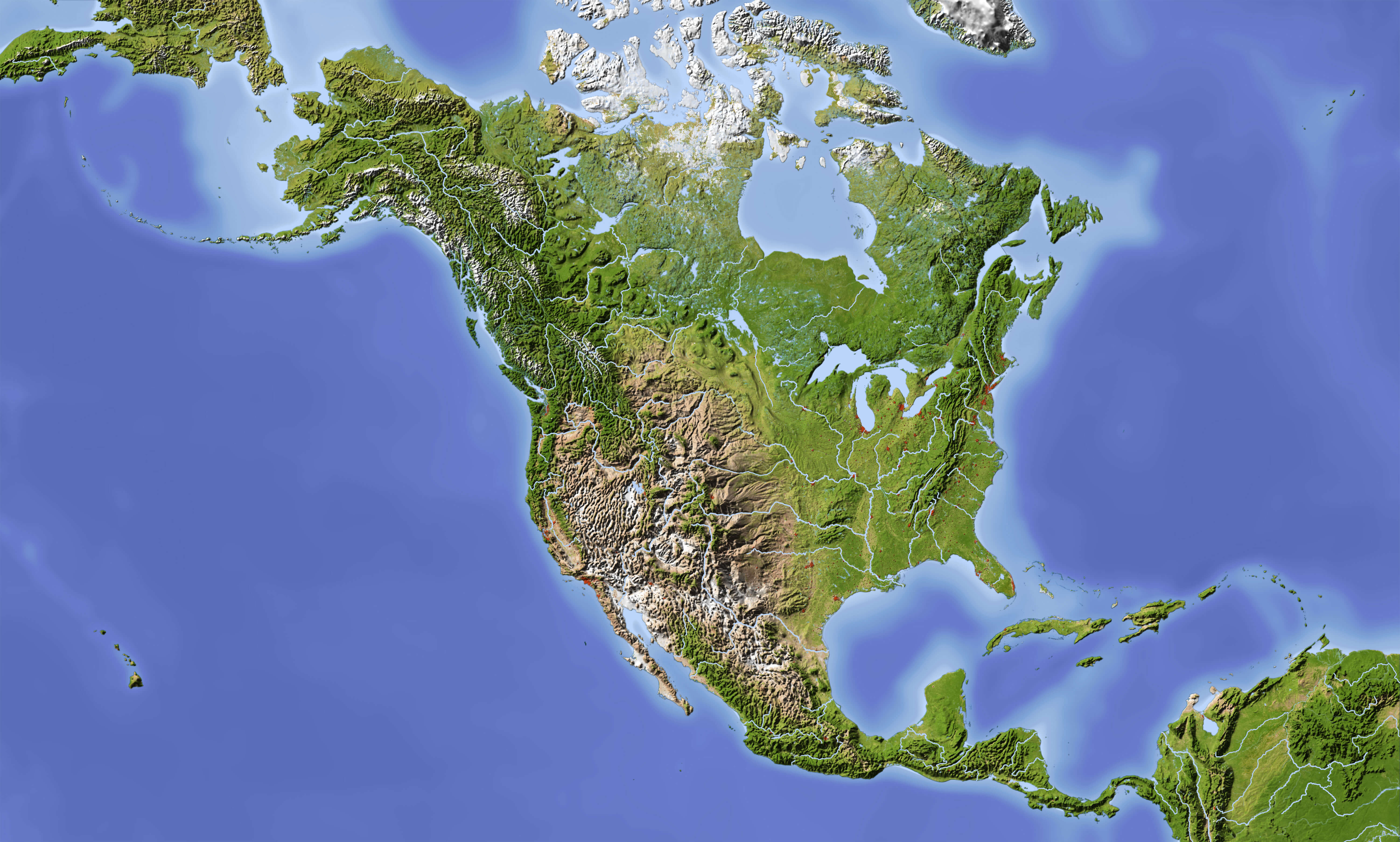 United States and North America physical map