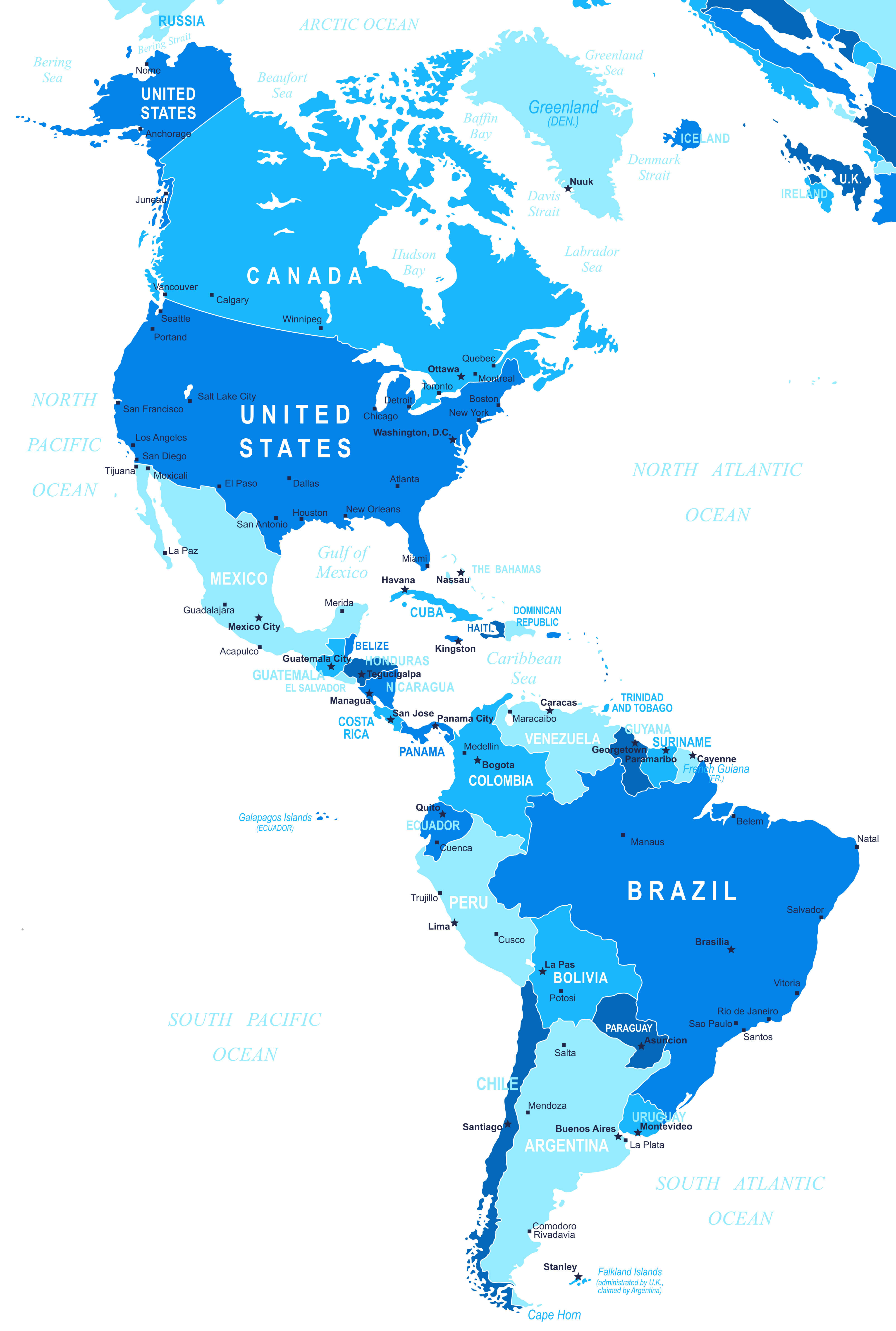 United States north and south America political map