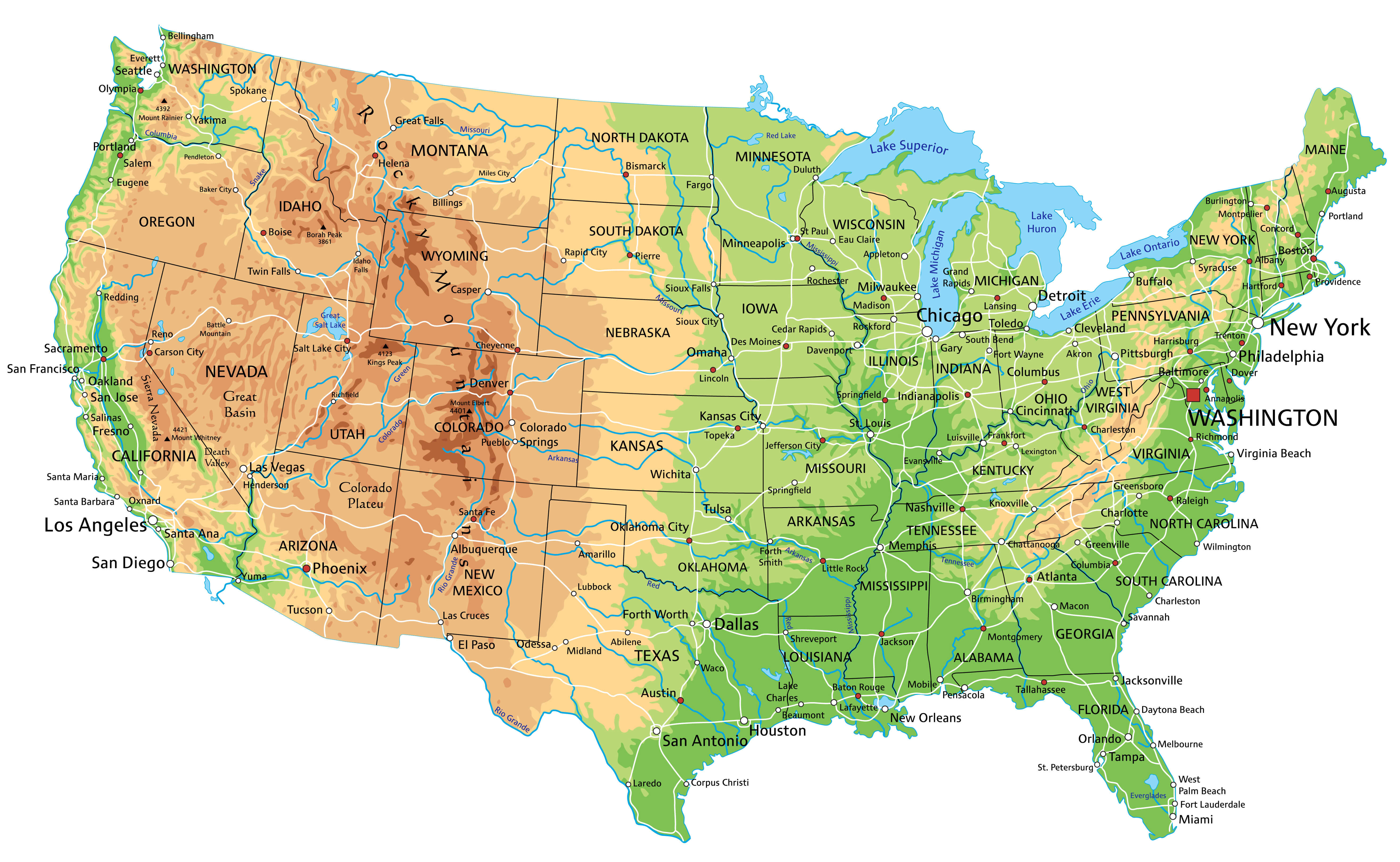 United States physical map with major cities