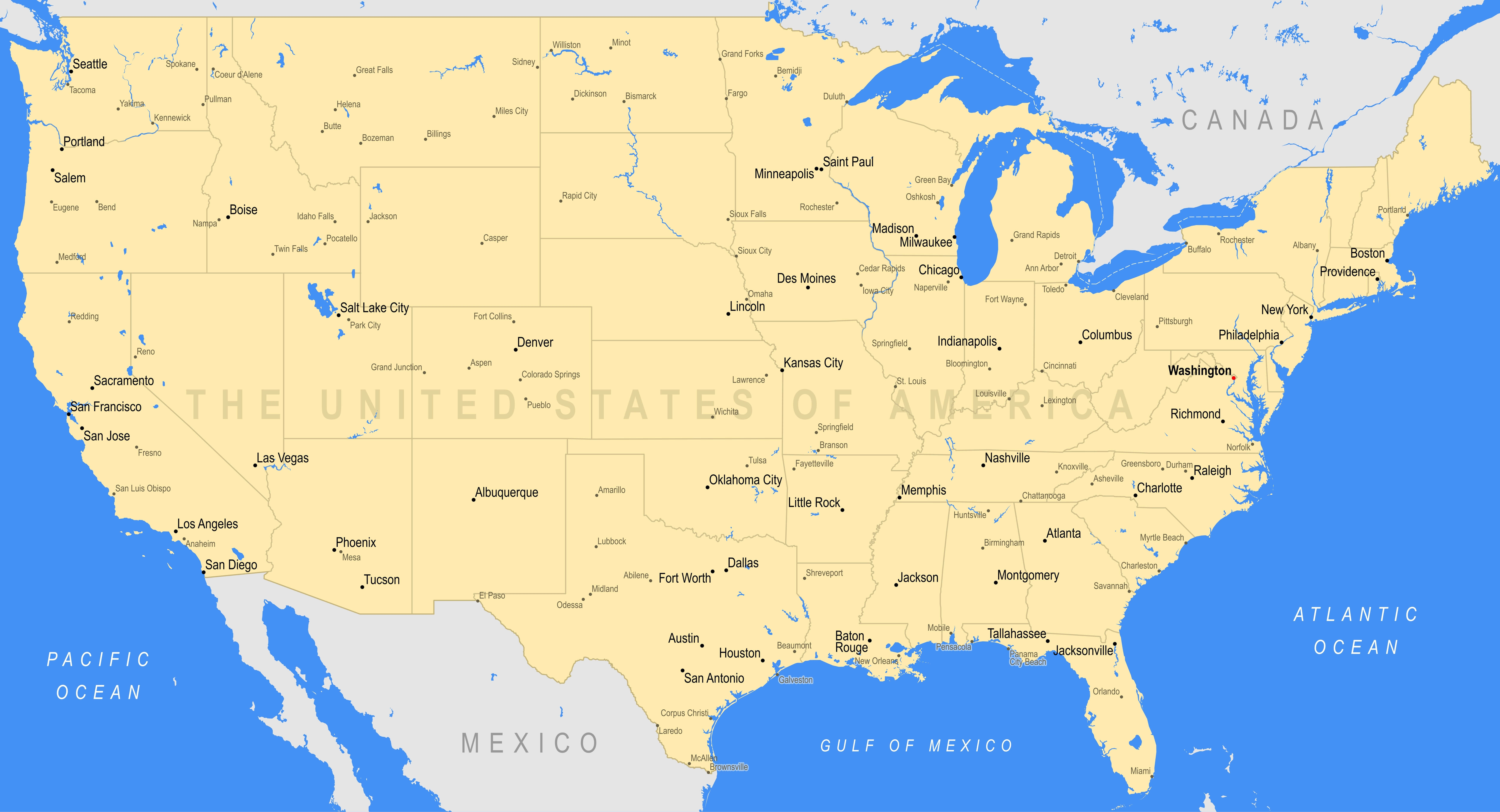 us major cities and lakes map