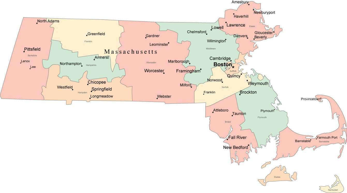 Massachusetts Cities Map 28 Colorful Massachusetts map with counties capitals and cajor cities