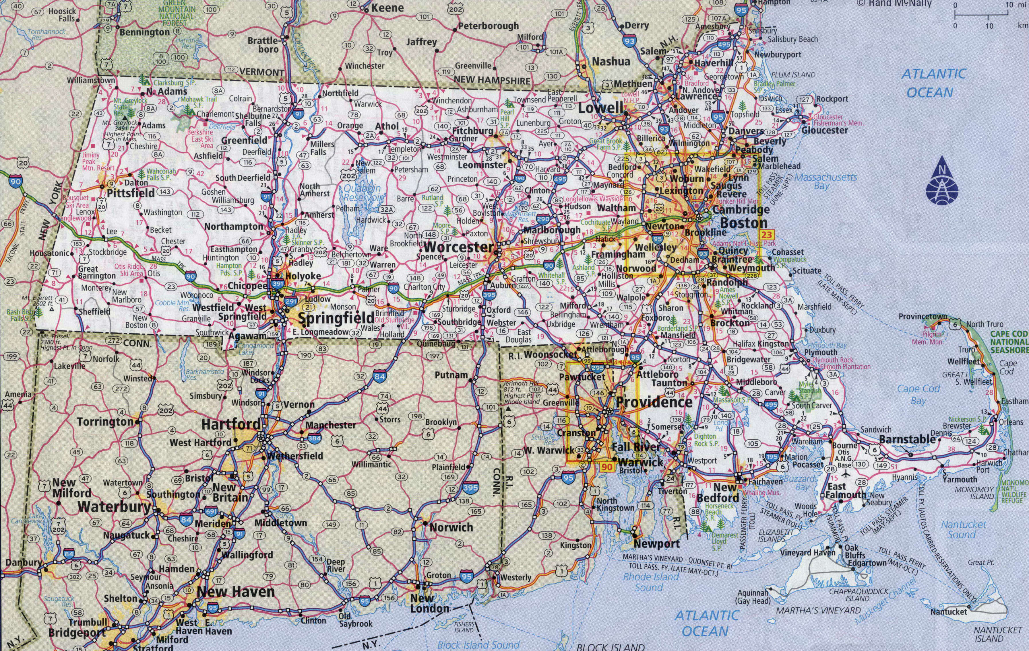 Large roads and highways map of Massachusetts with all cities