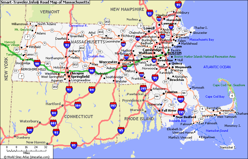 Massachusetts interstate map with cities