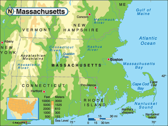Massachusetts physical map with cities