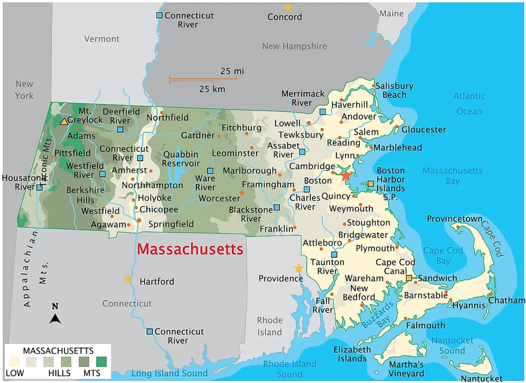 Massachusetts physical map with cities