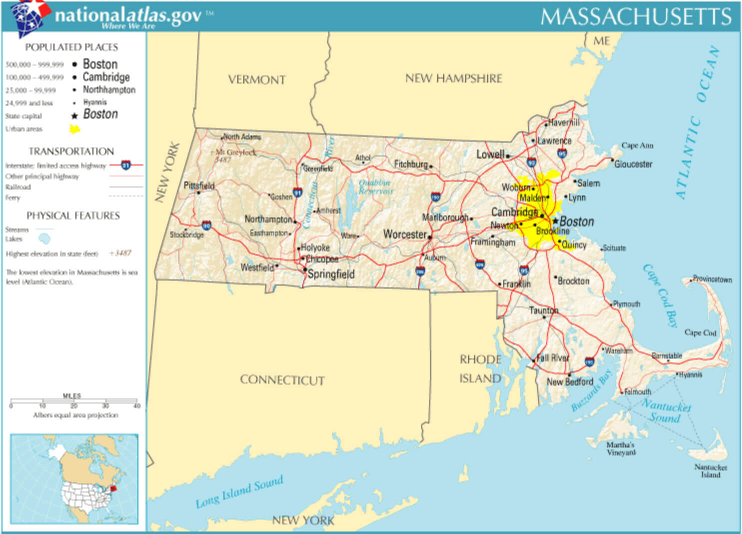 Massachusetts populated places map with cities
