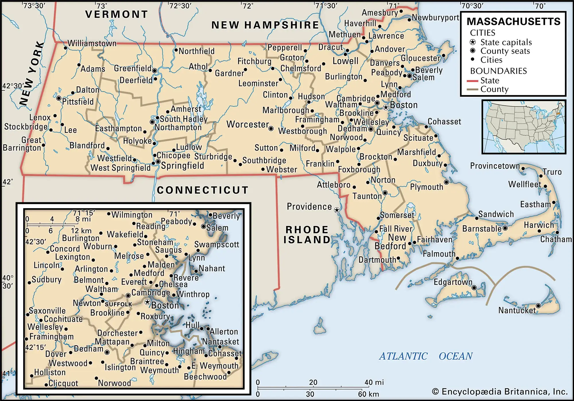 Massachusetts state map with county boundaries cities