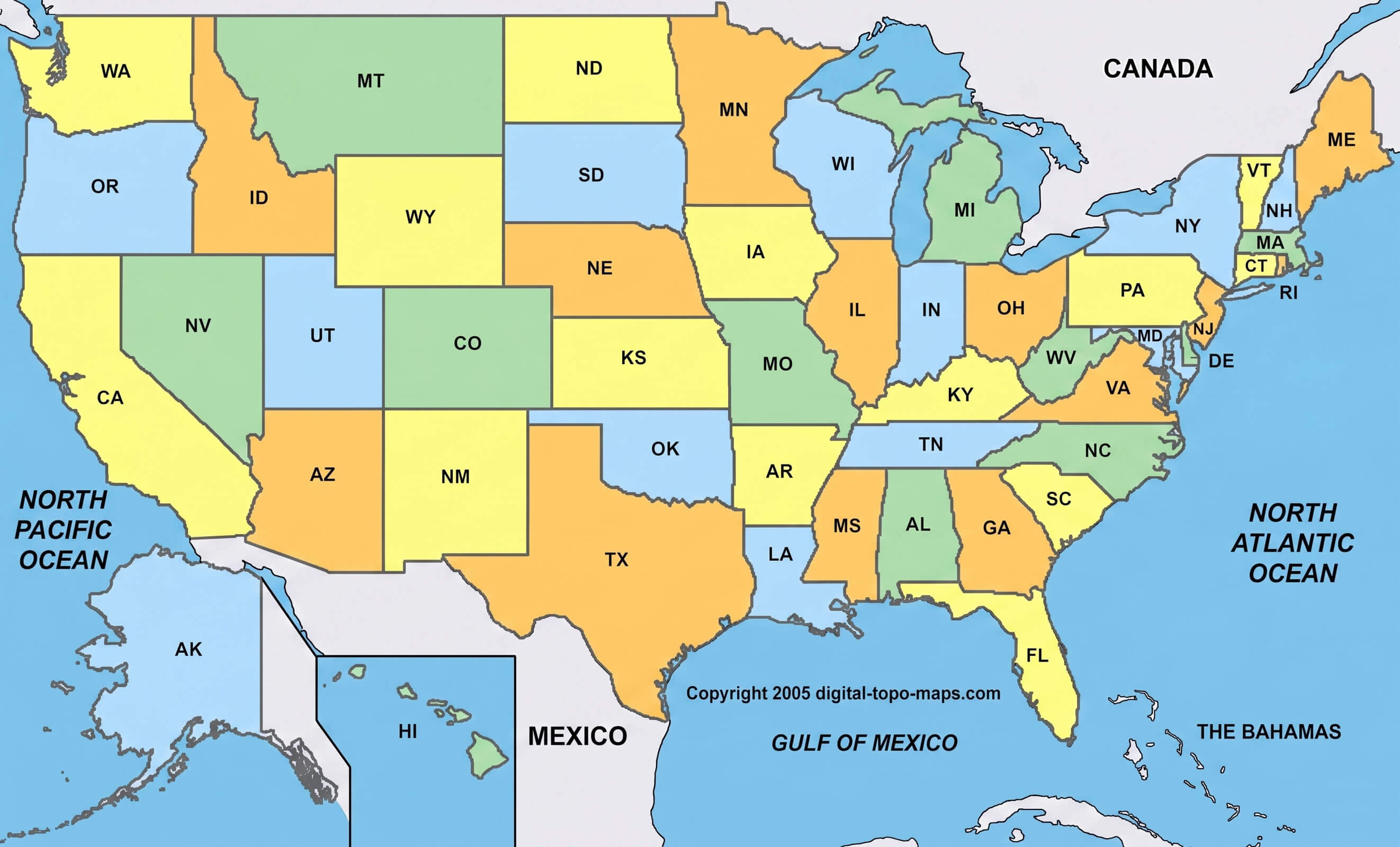 Colorful United States political map with us states