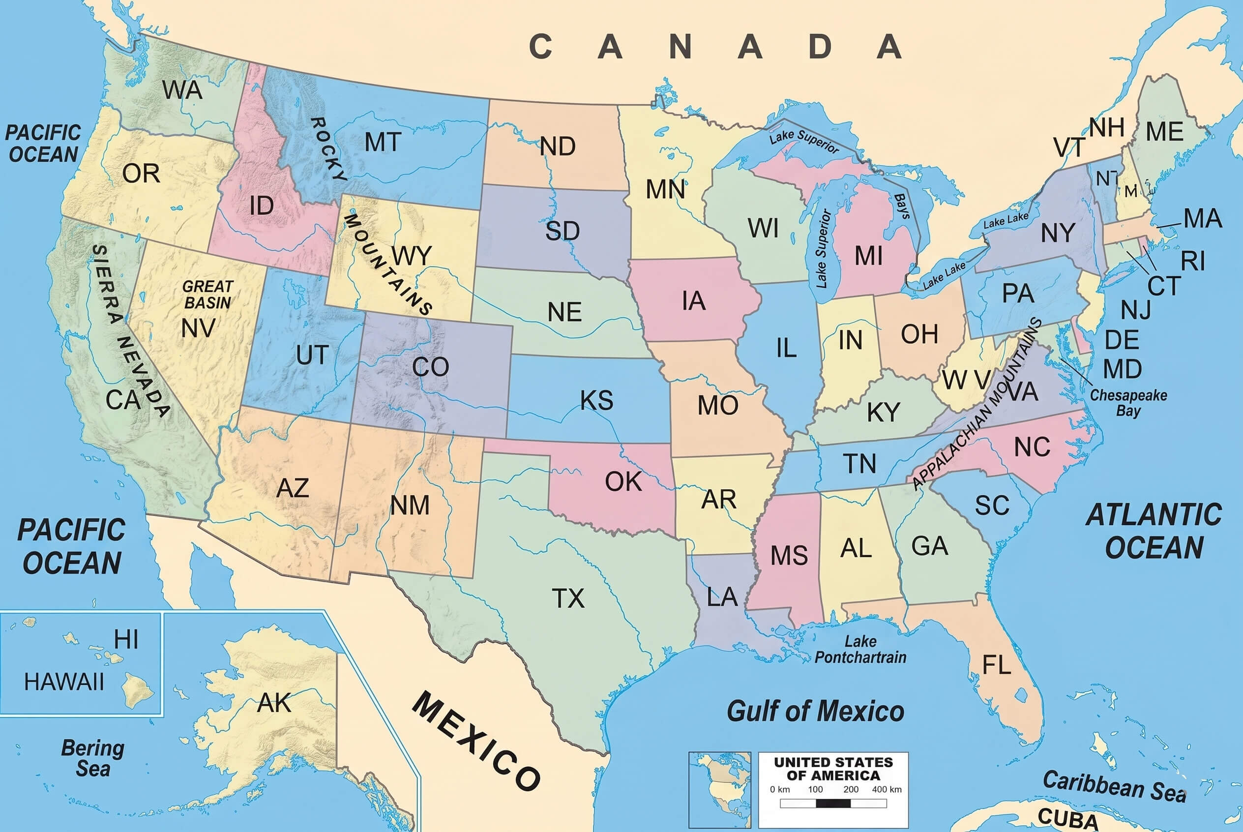 Detailed USA states map
