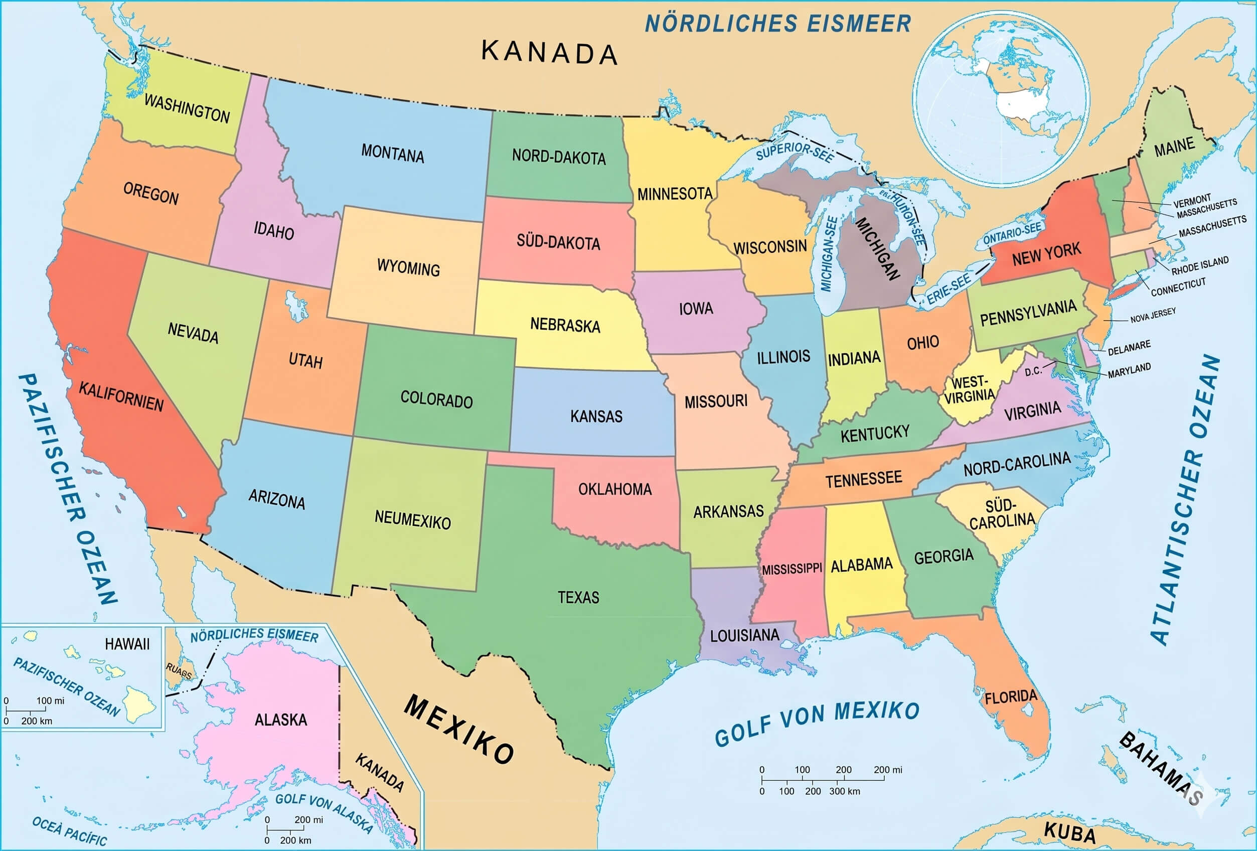 German language map of the US