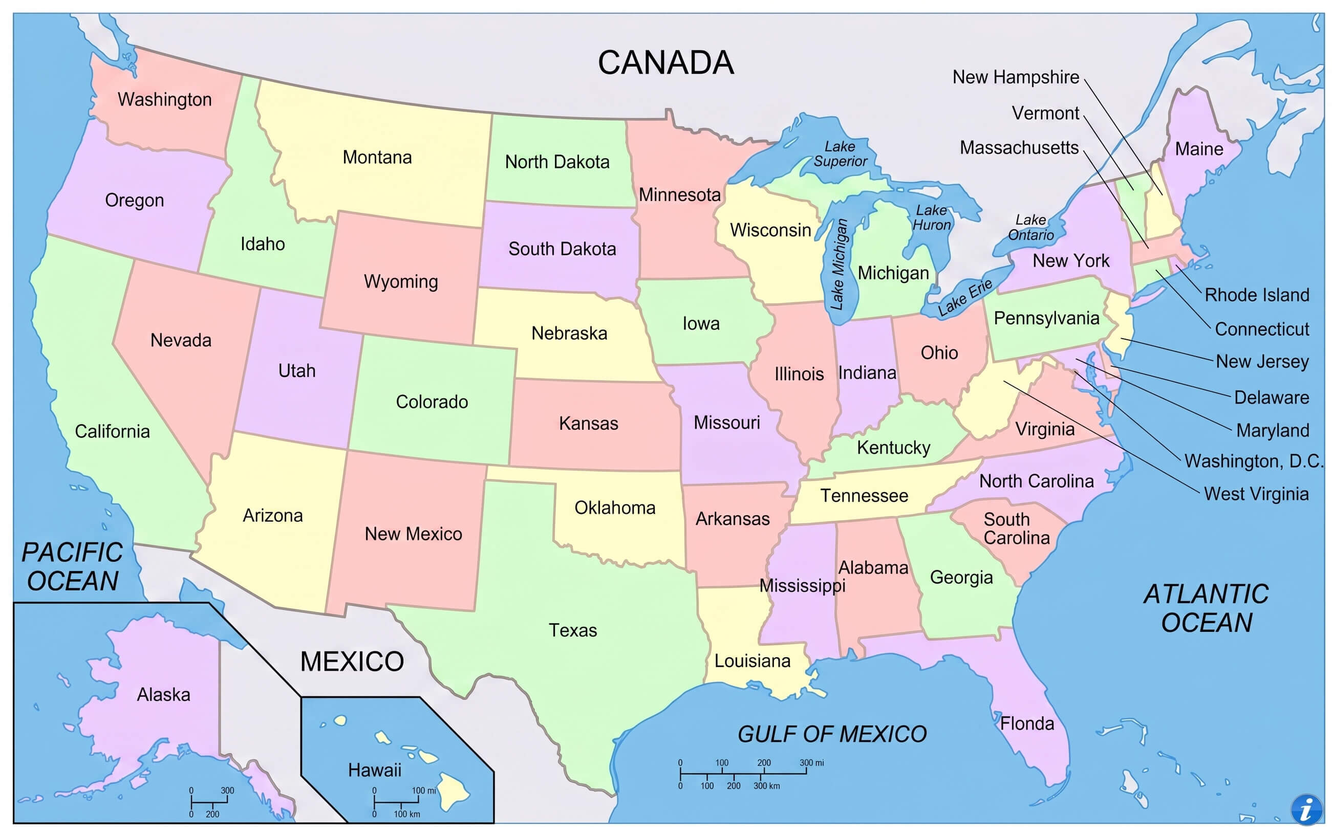 United States political boundaries map with states