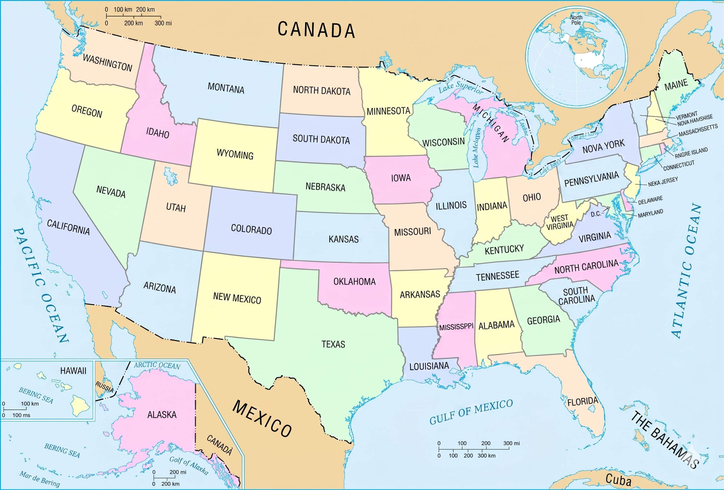 US states map with Alaska and Hawaii