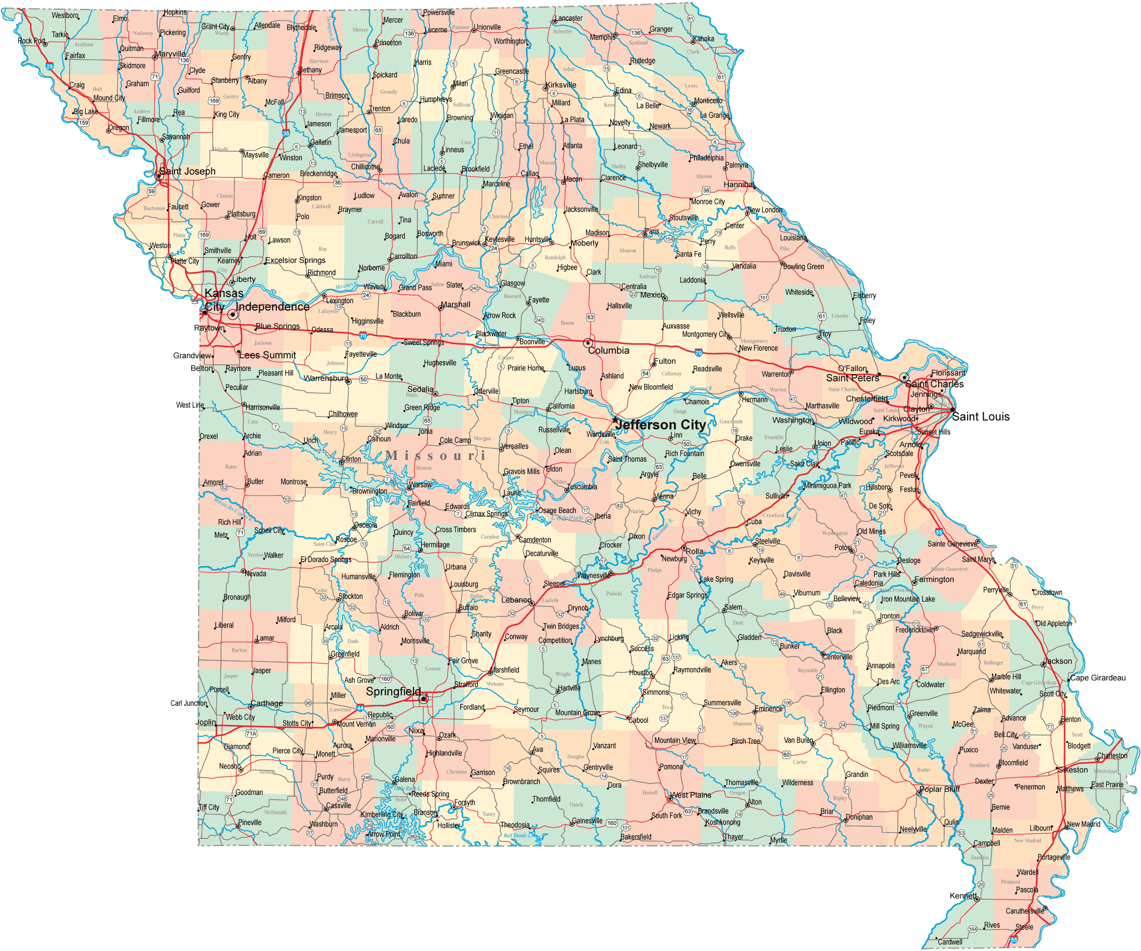 Missouri map with cities and counties