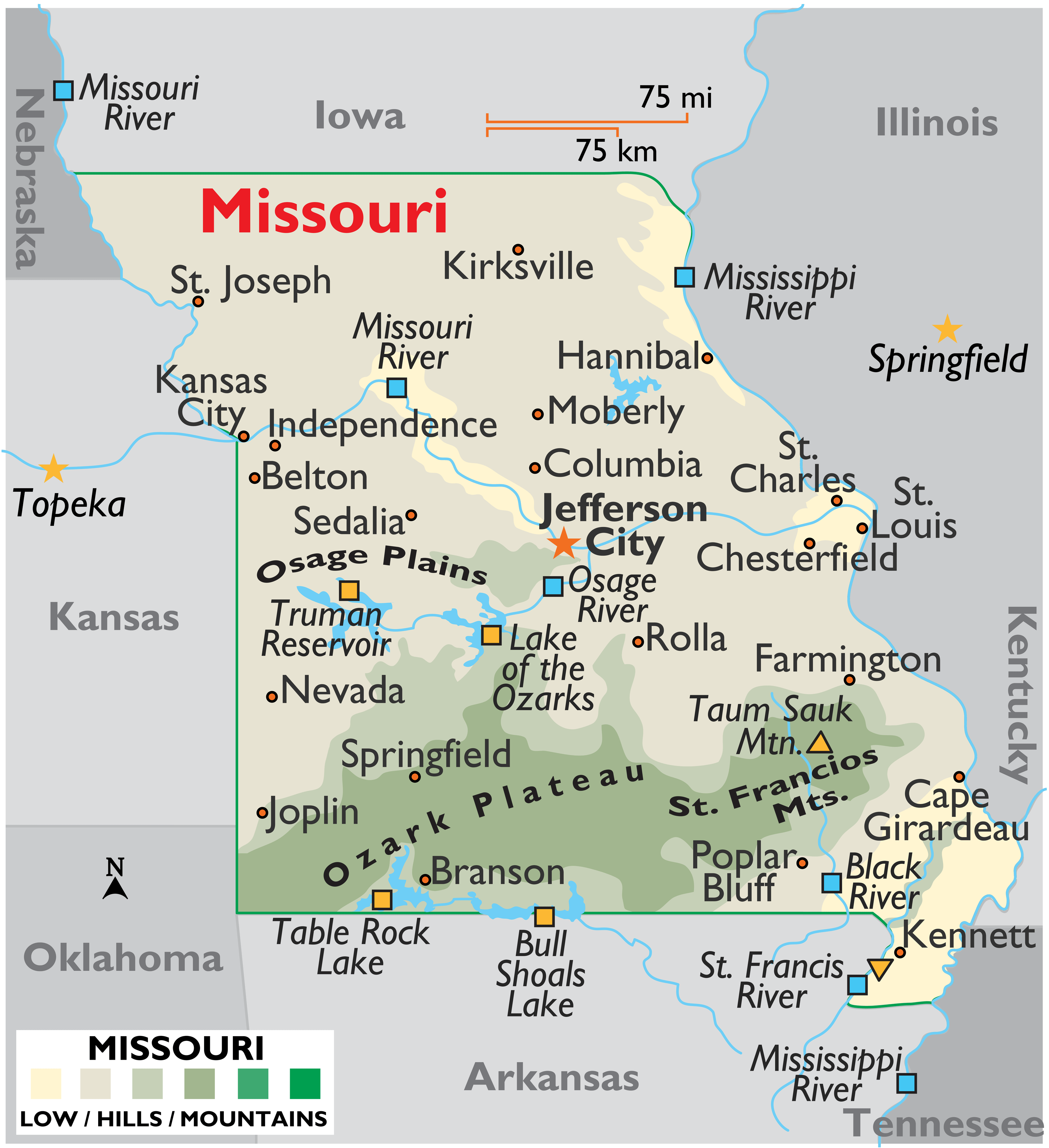 Missouri physical map with major cities