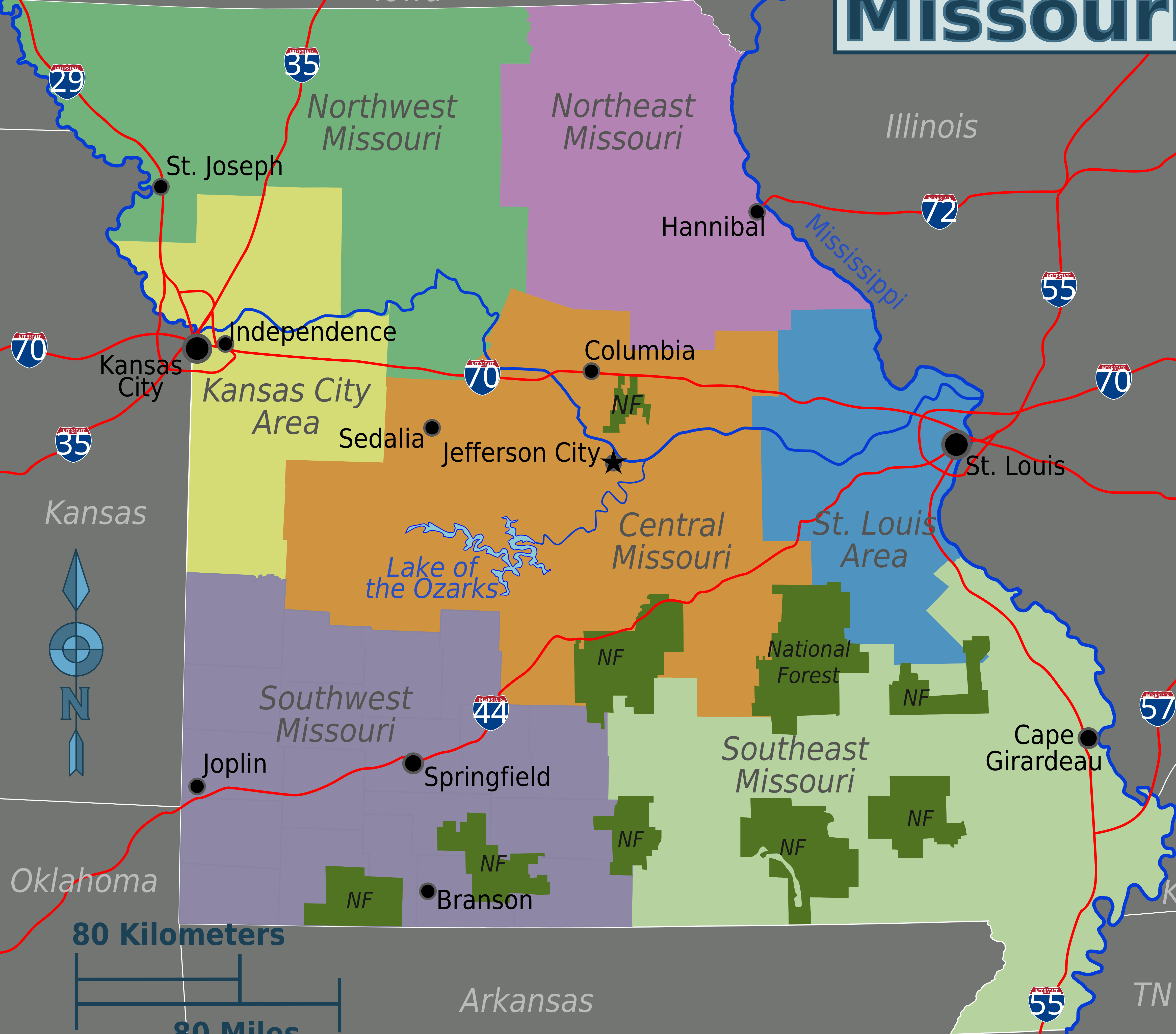 Missouri regions map with major cities