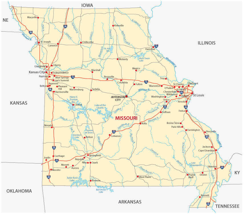Missouri road map with major cities