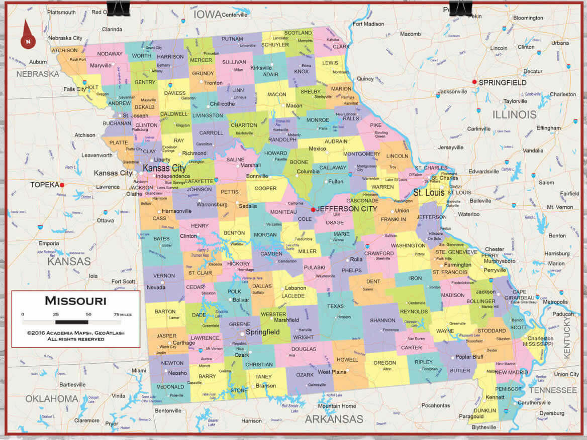Missouri State Cities and Counties Wall Map