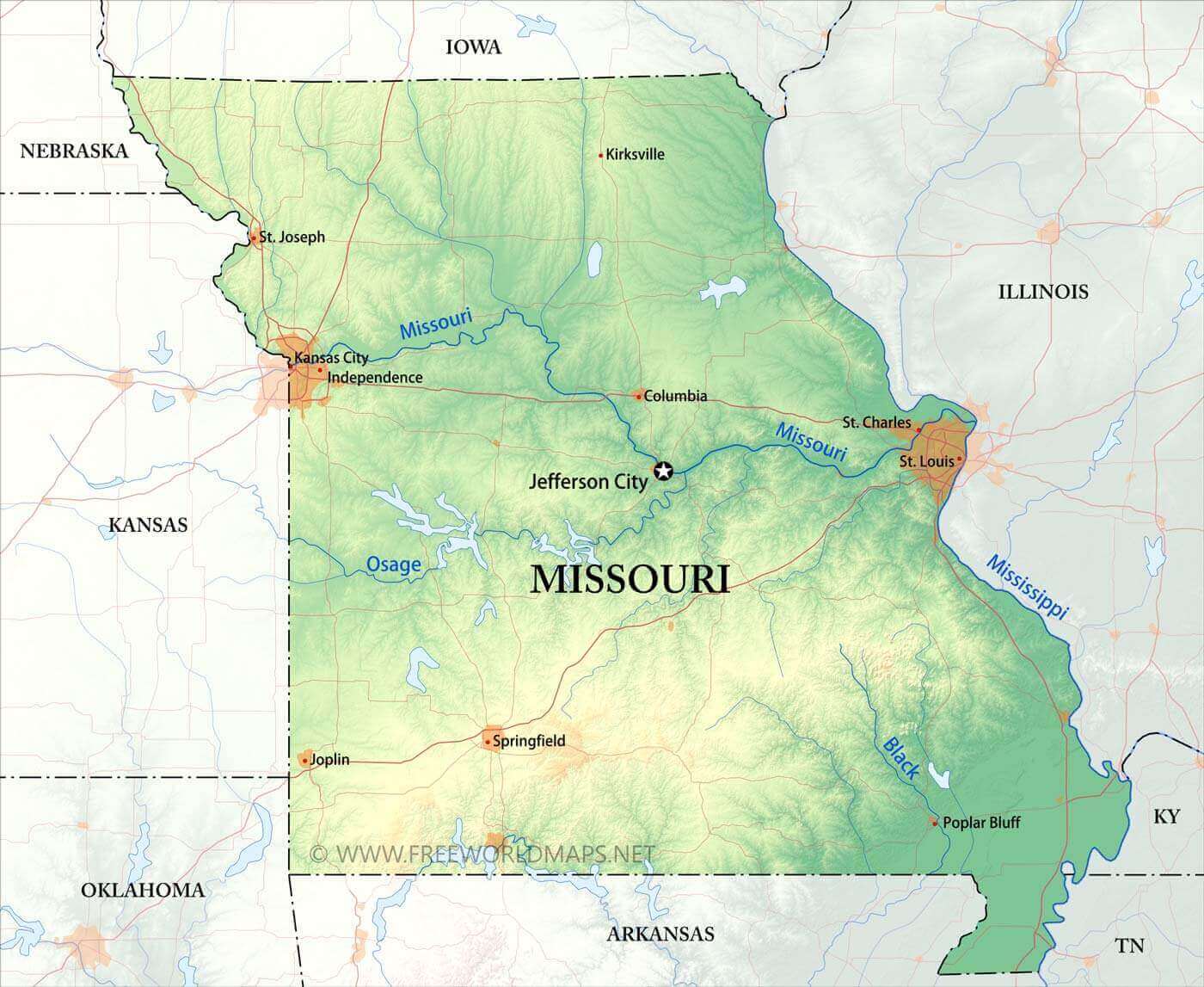 Physical map of Missouri with main cities	