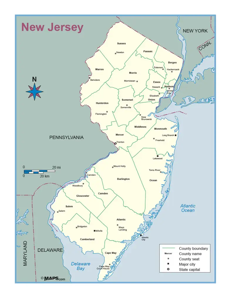 New Jersey county outline wall map