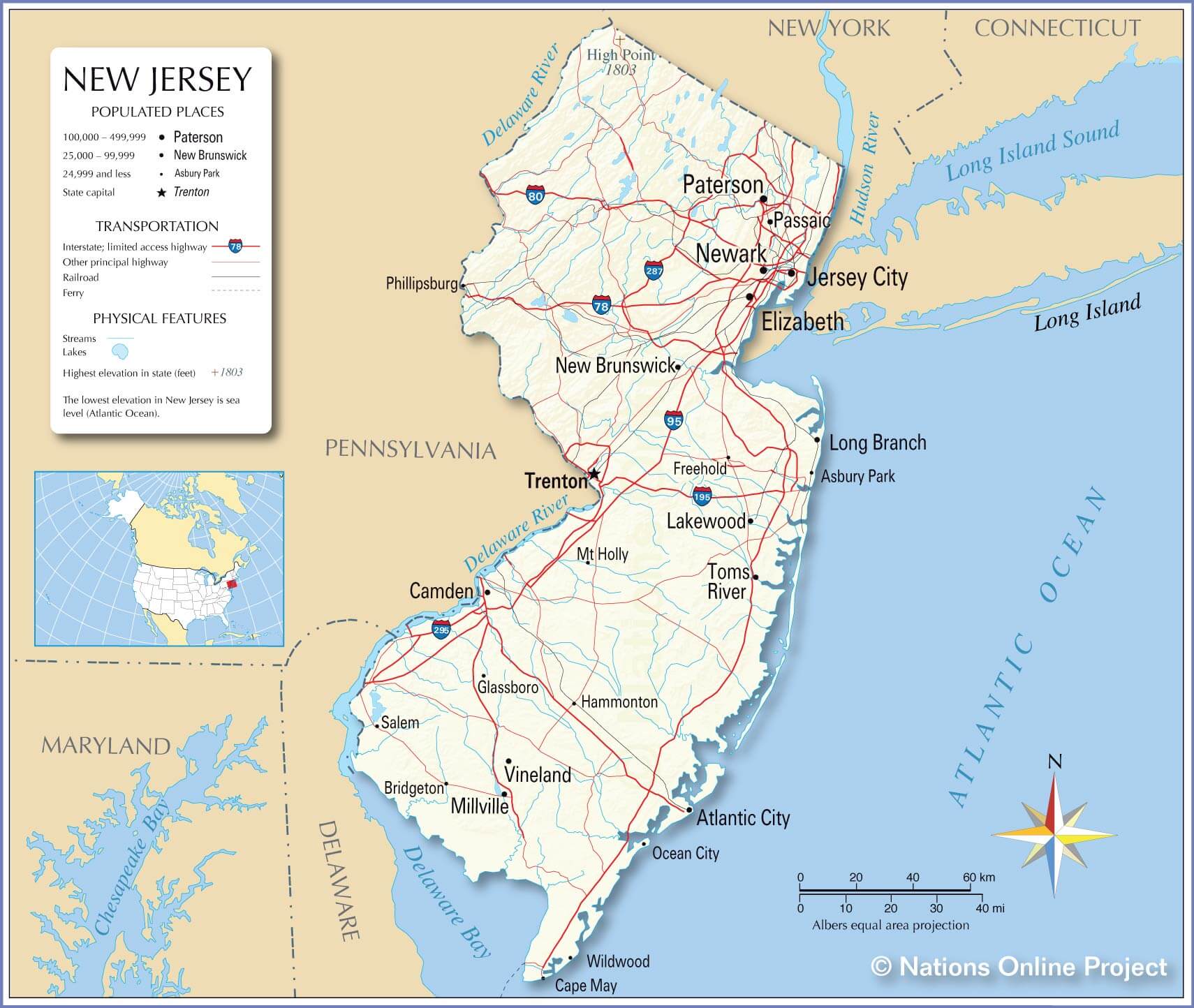 New Jersey populated cities map
