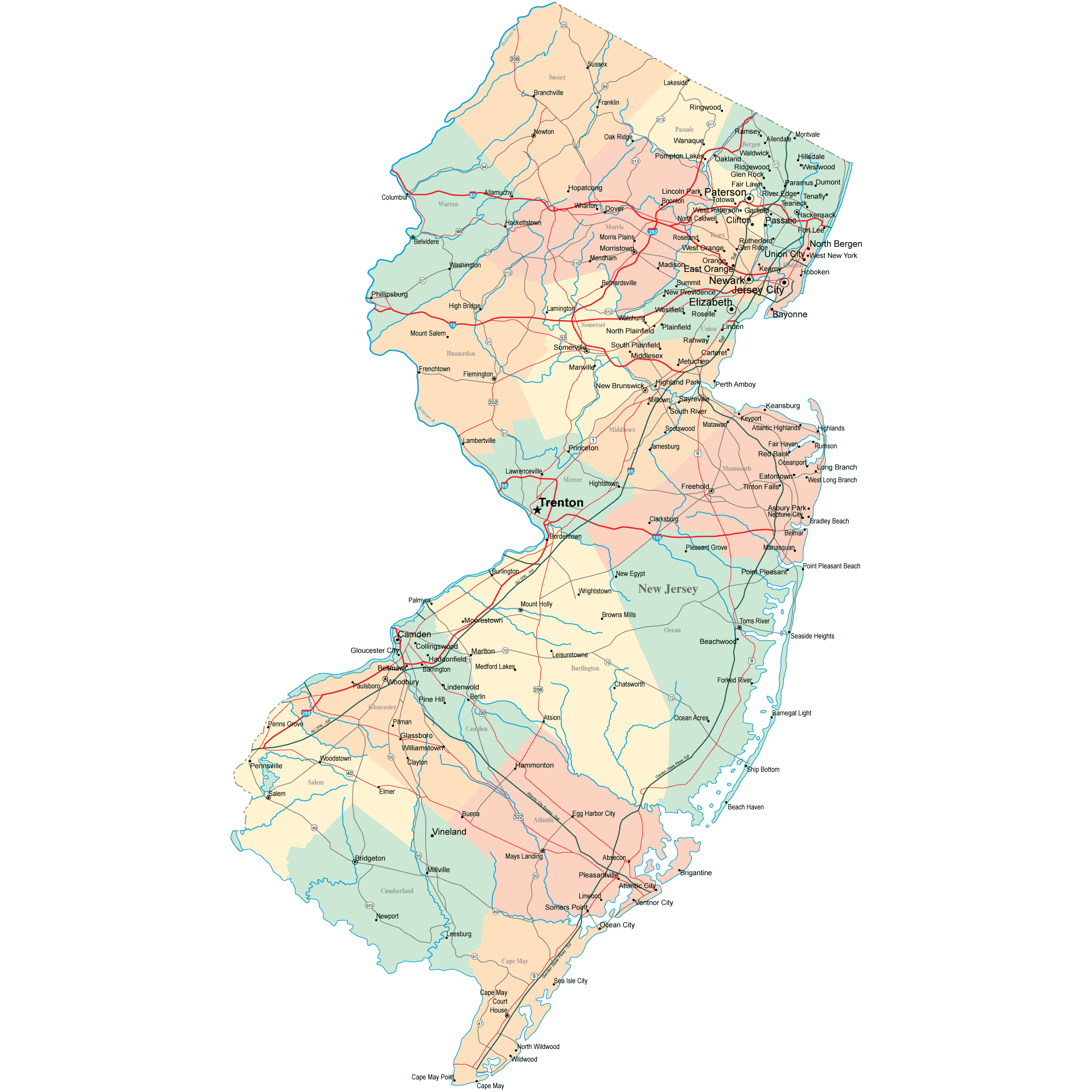 New Jersey road map with cities