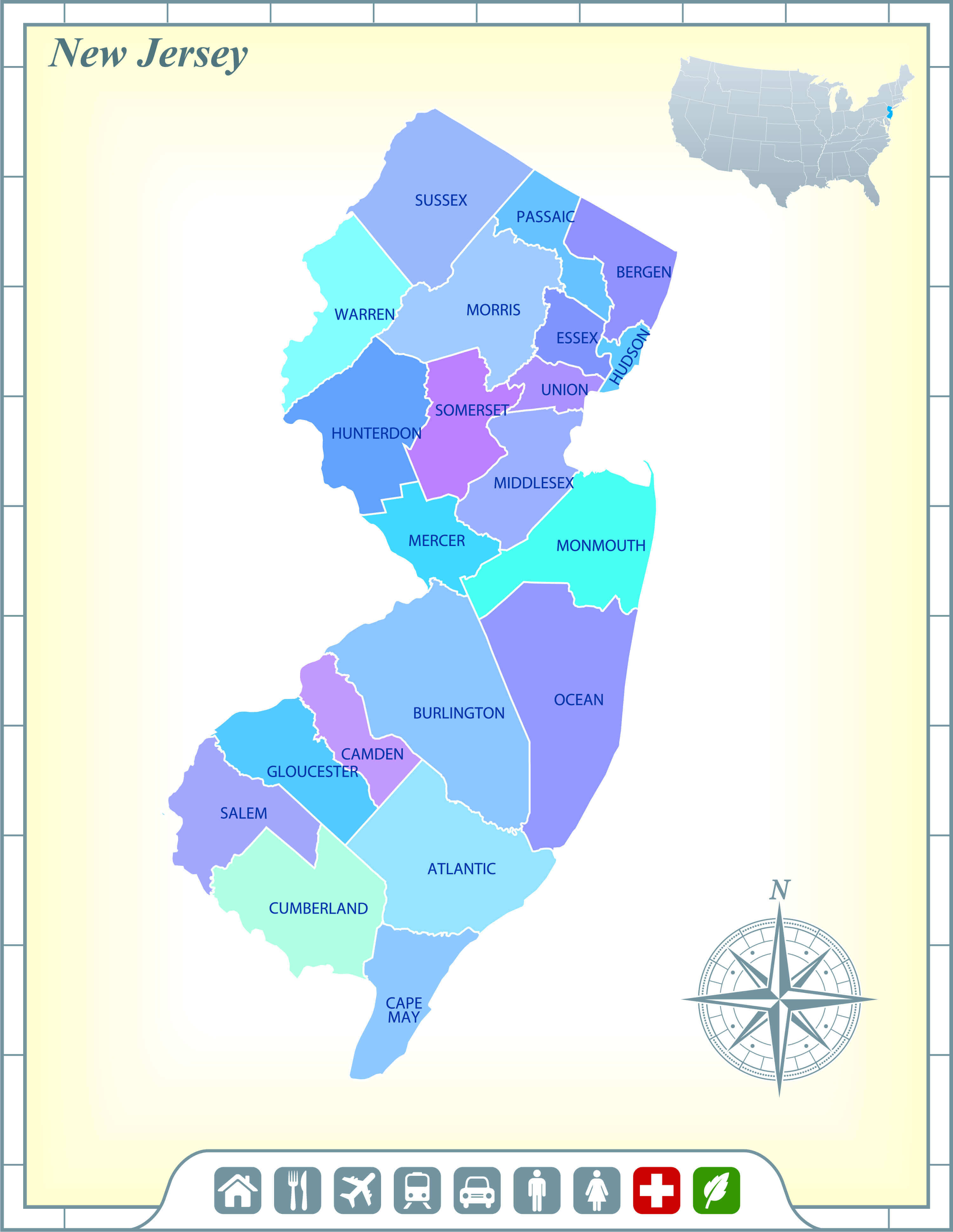 New Jersey state and cities map us