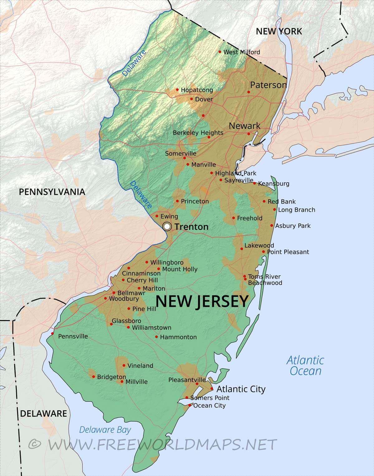 Physical map of New Jersey with cities