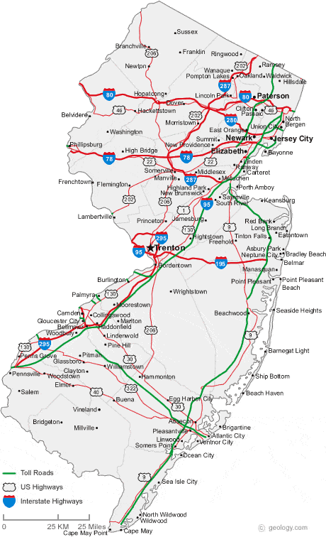 Road map of New Jersey cities