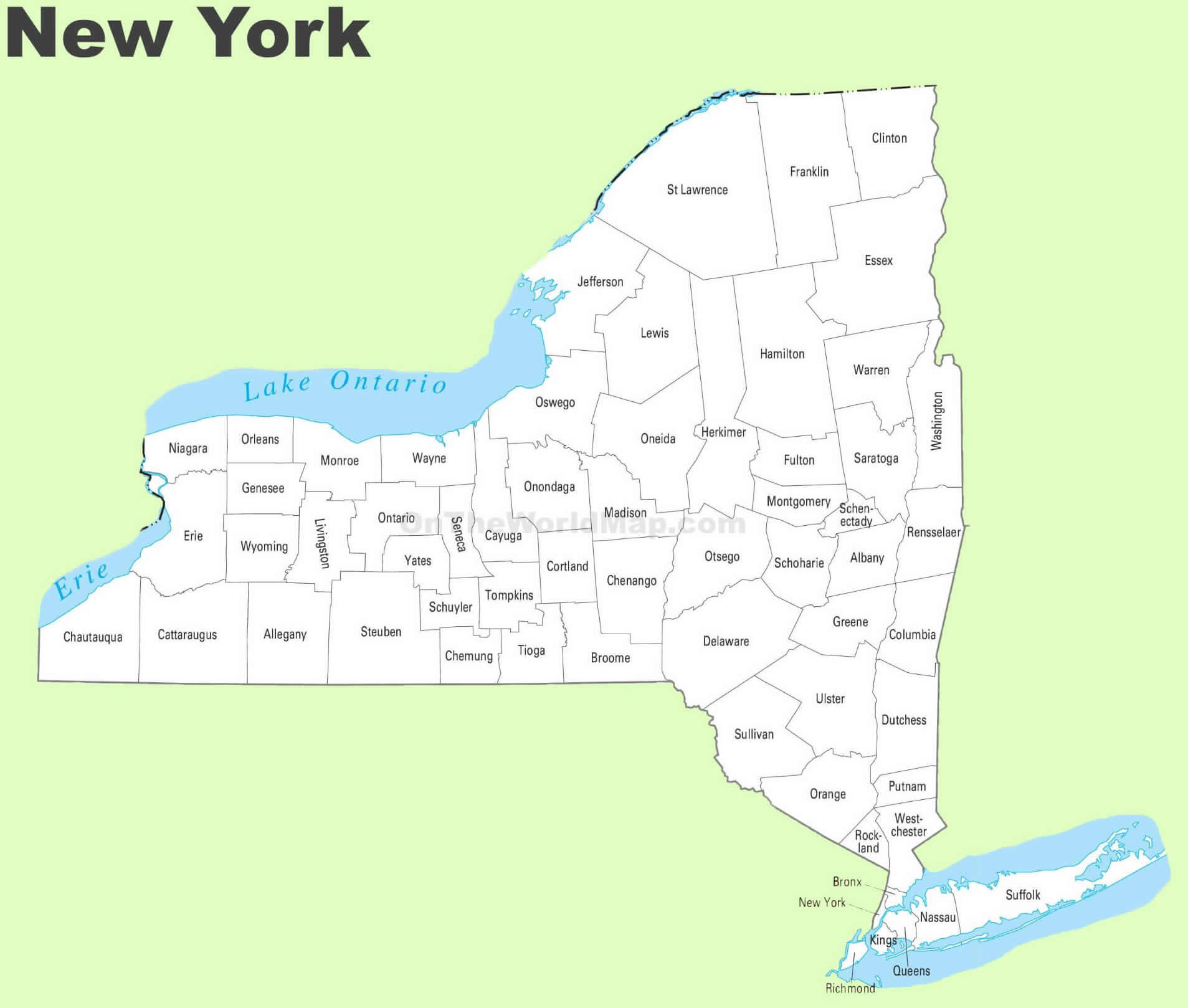 New York county map with cities