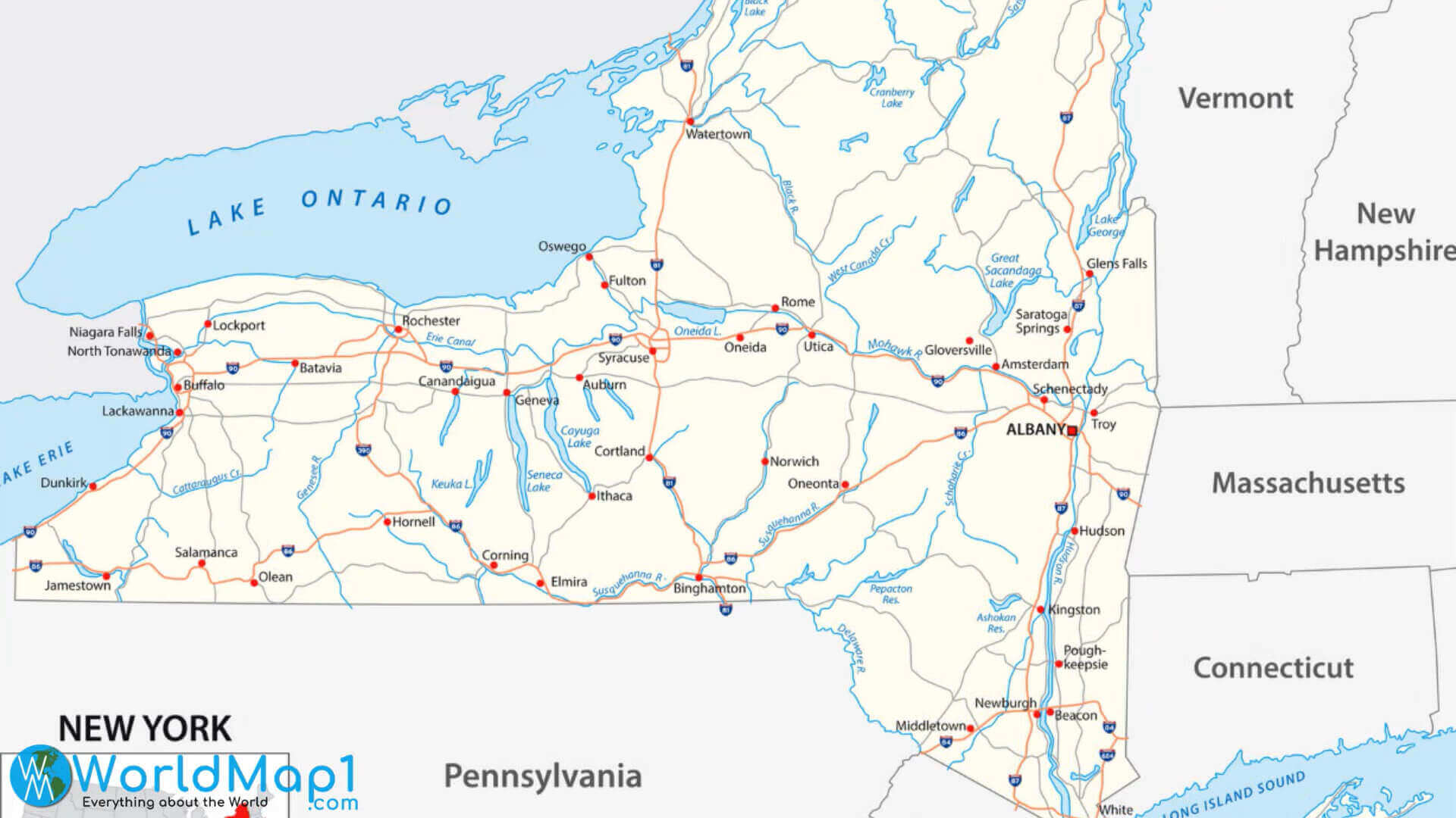 New York lakes and rivers map with cities