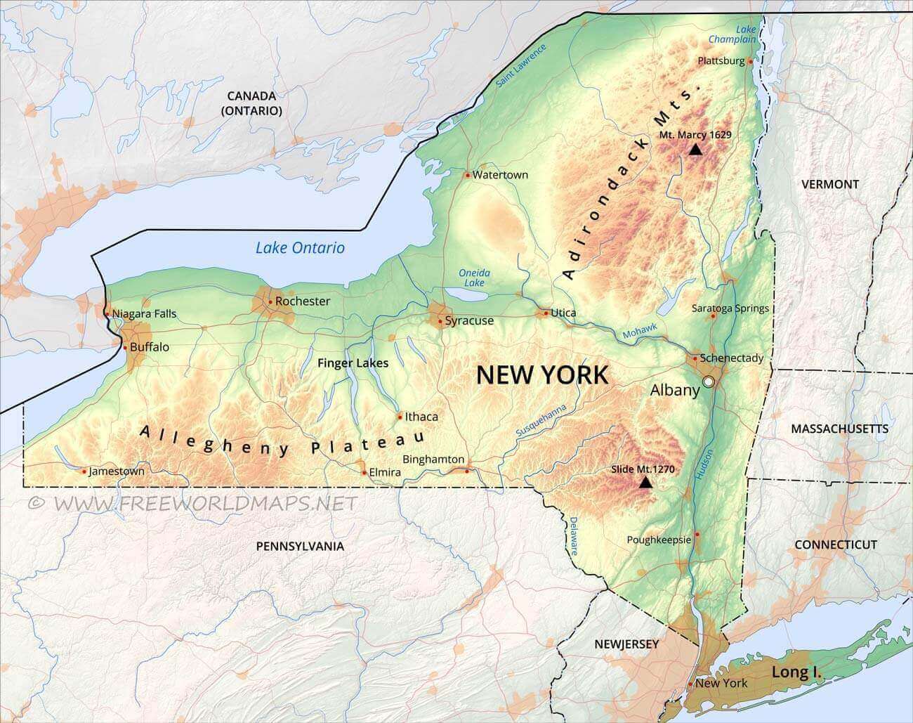 New York topo map with cities