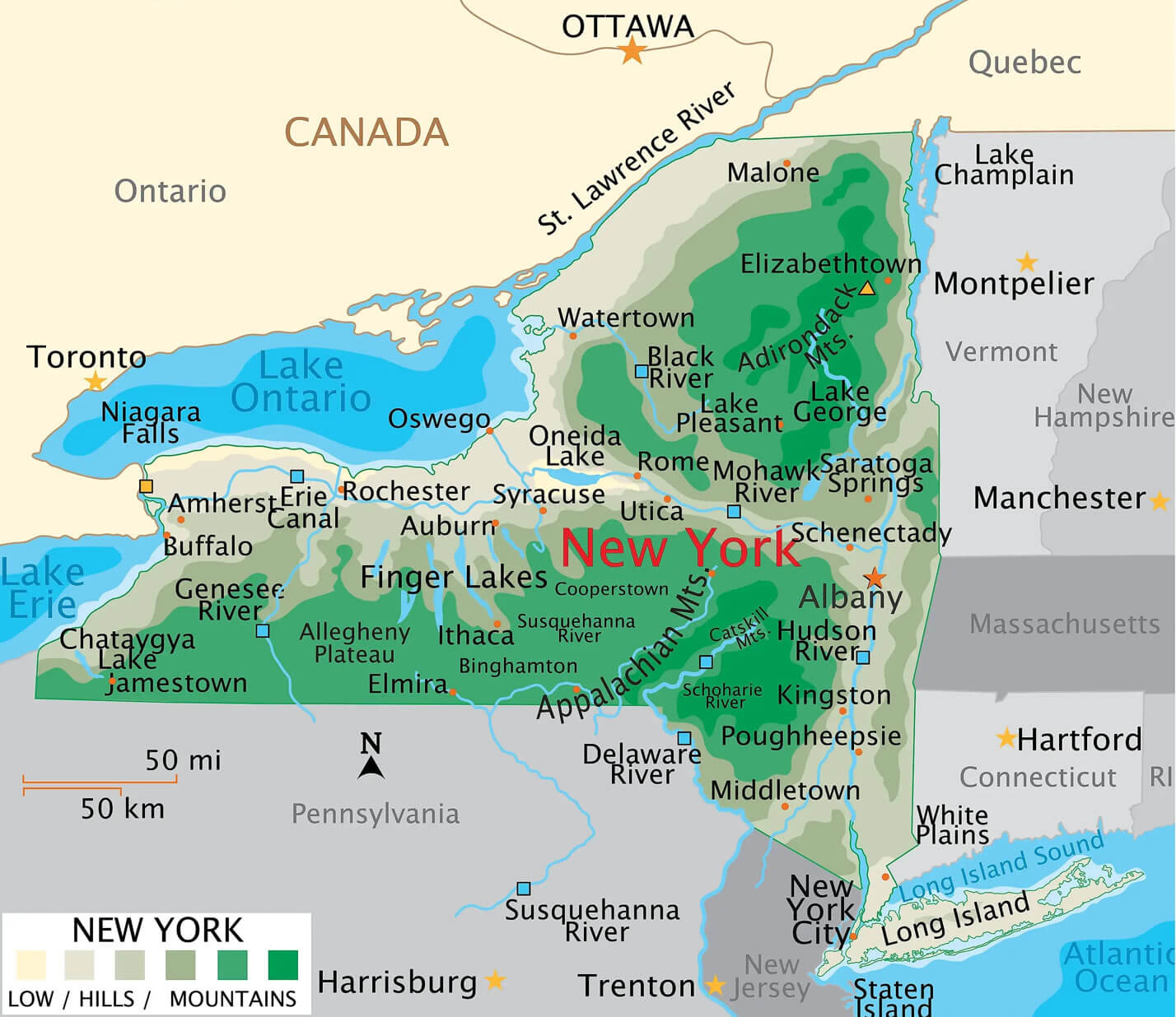 NY state physical map with cities
