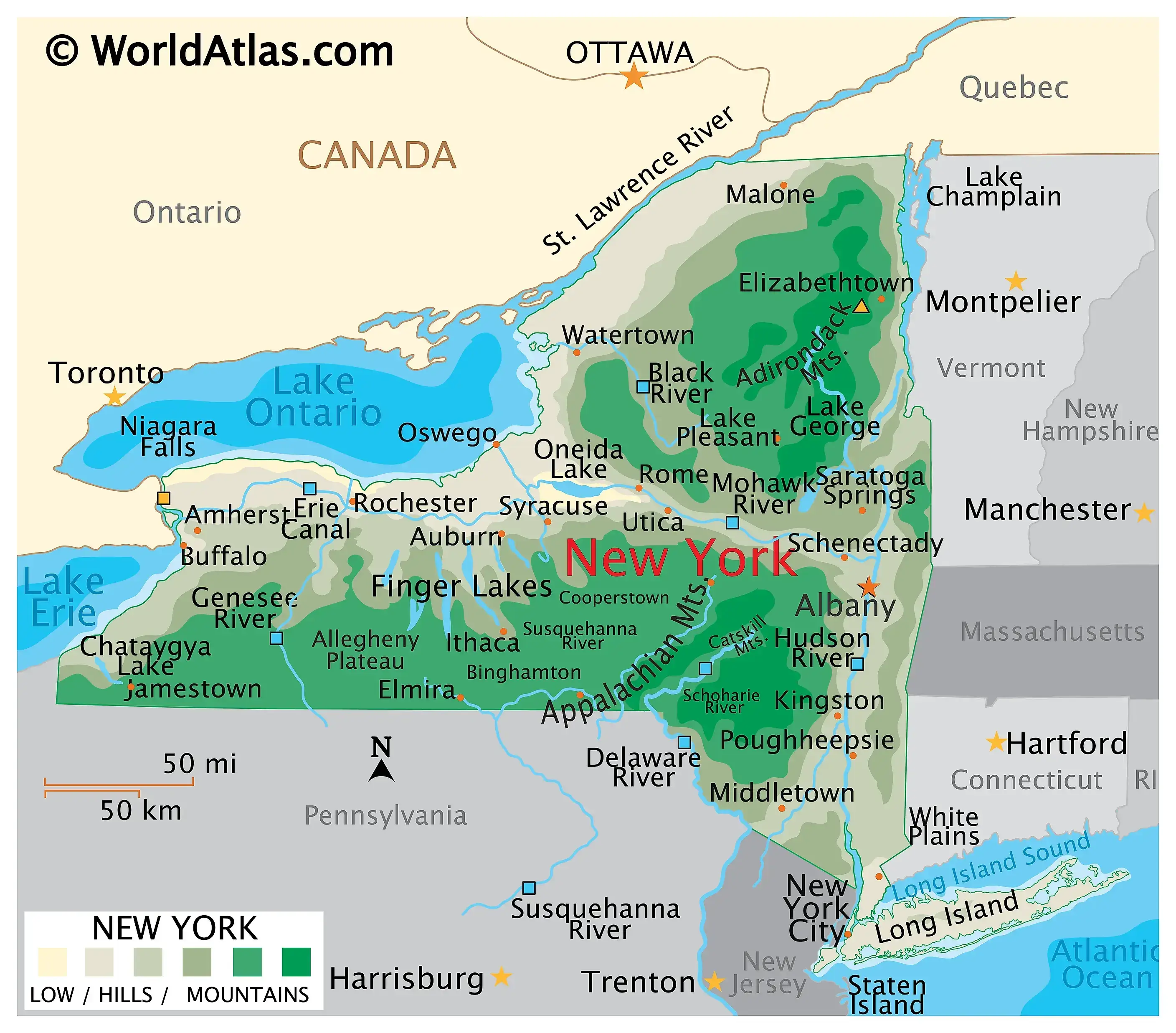 NY state physical map with cities