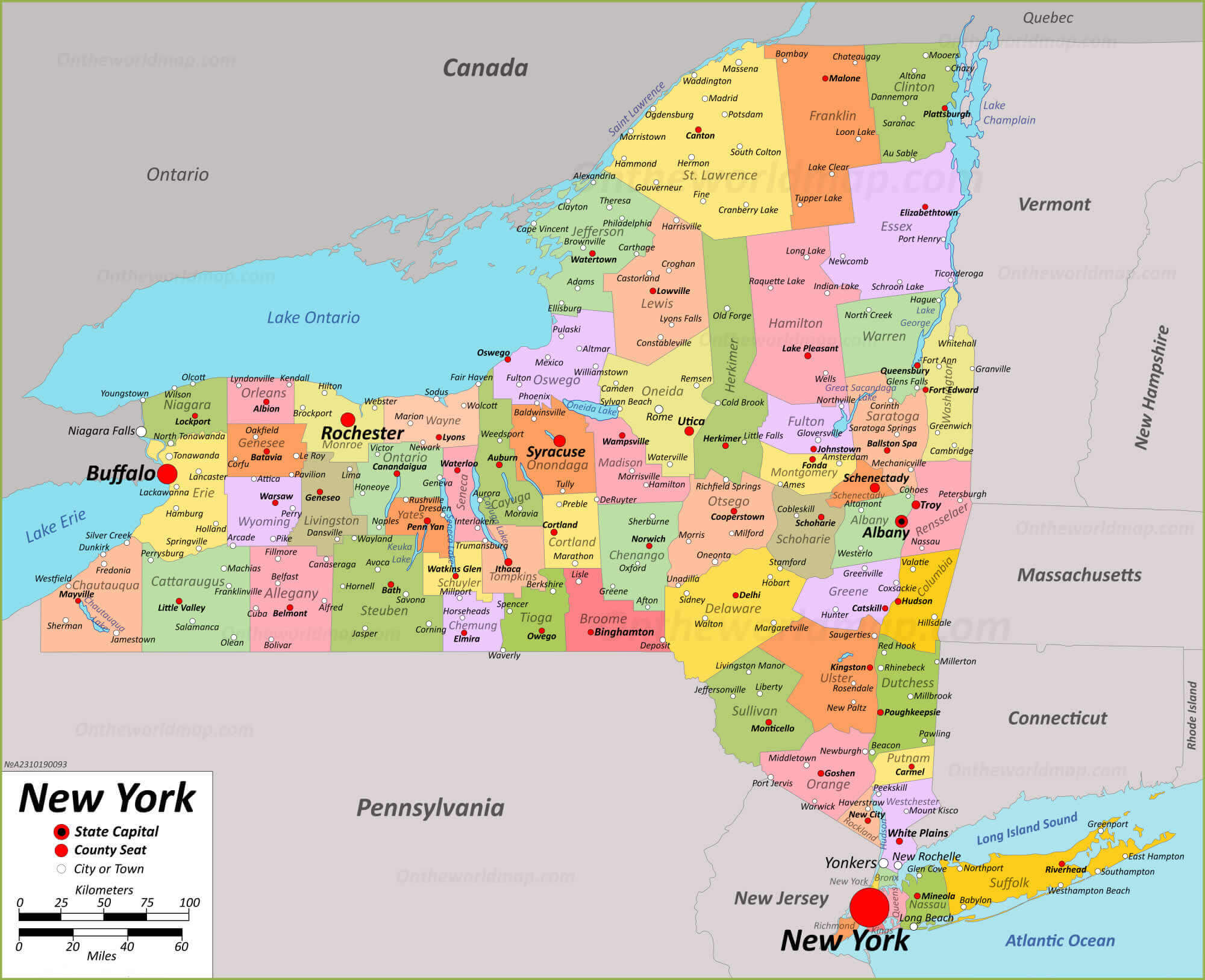 State map of New York with cities