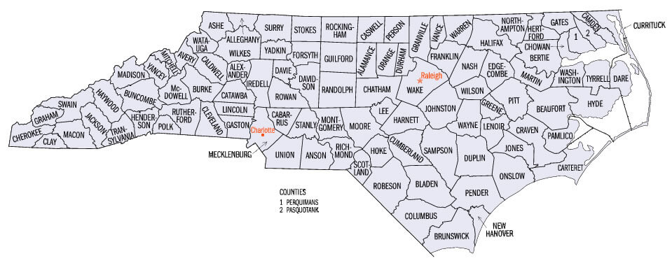Cities map of North Carolina