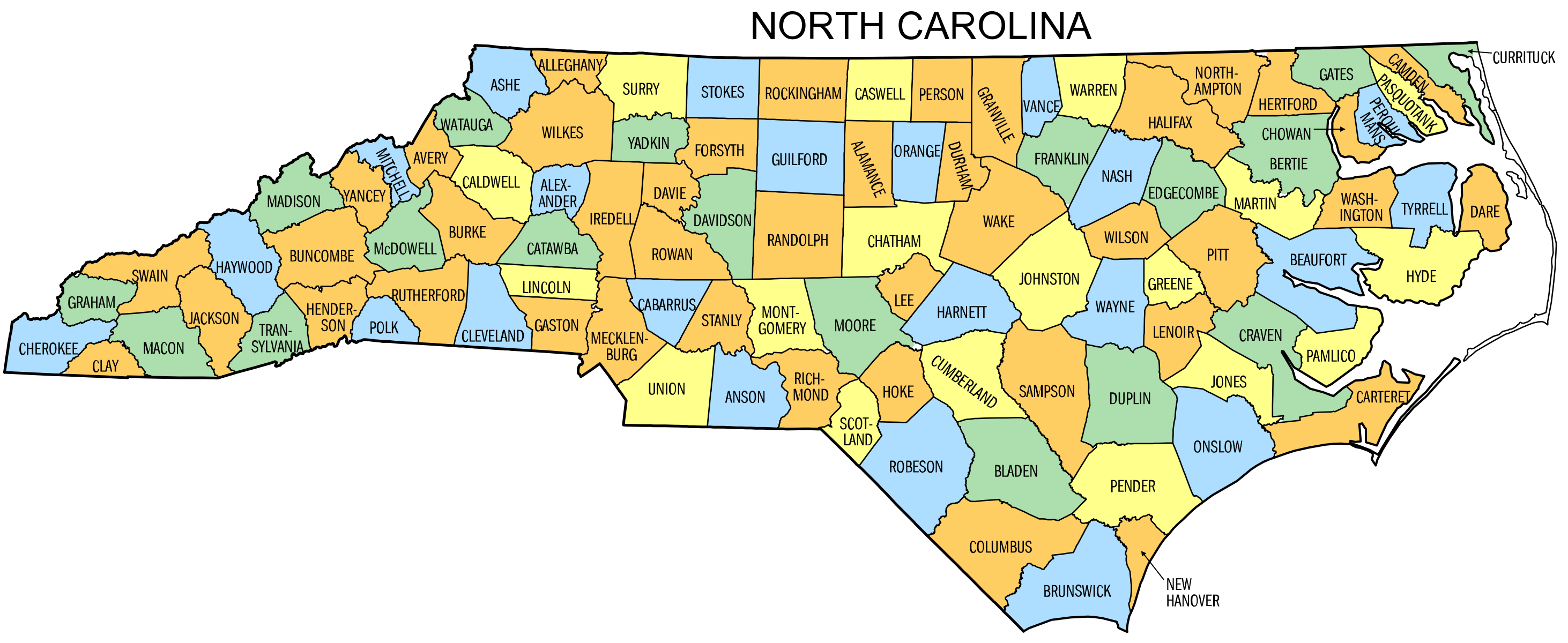 Colored North Carolina counties map