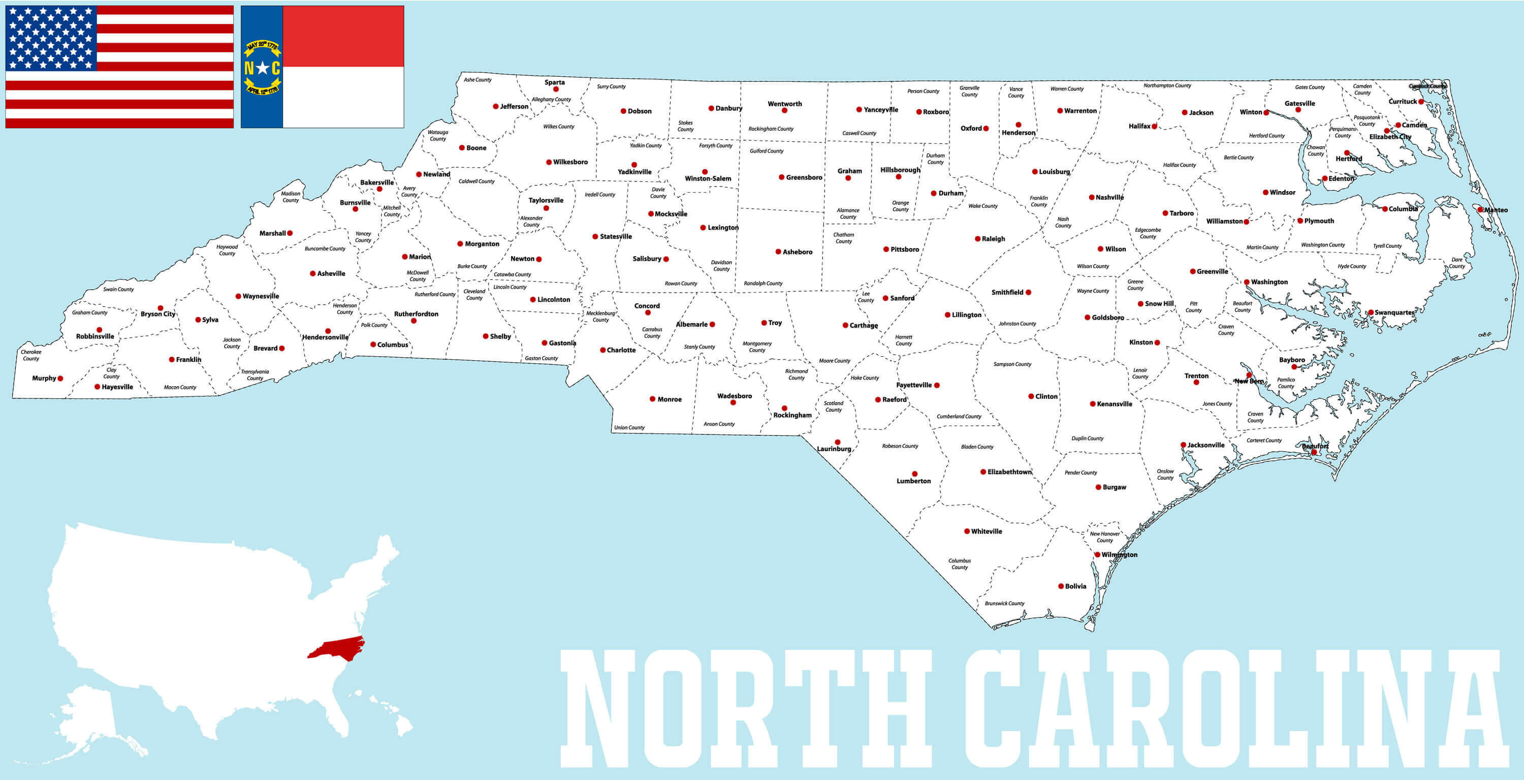 Counties detailed map of North Carolina