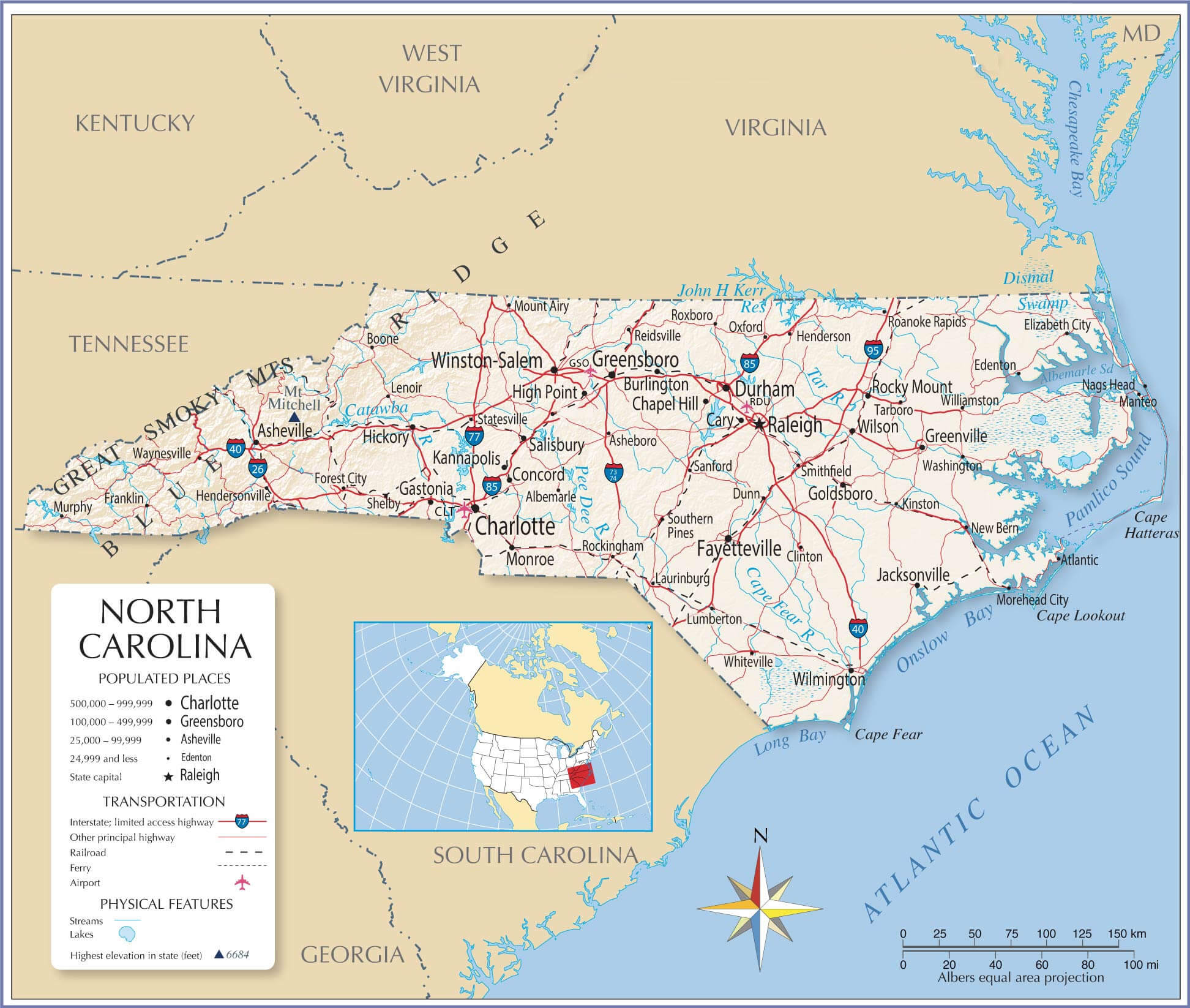 Map of the state of North Carolina US