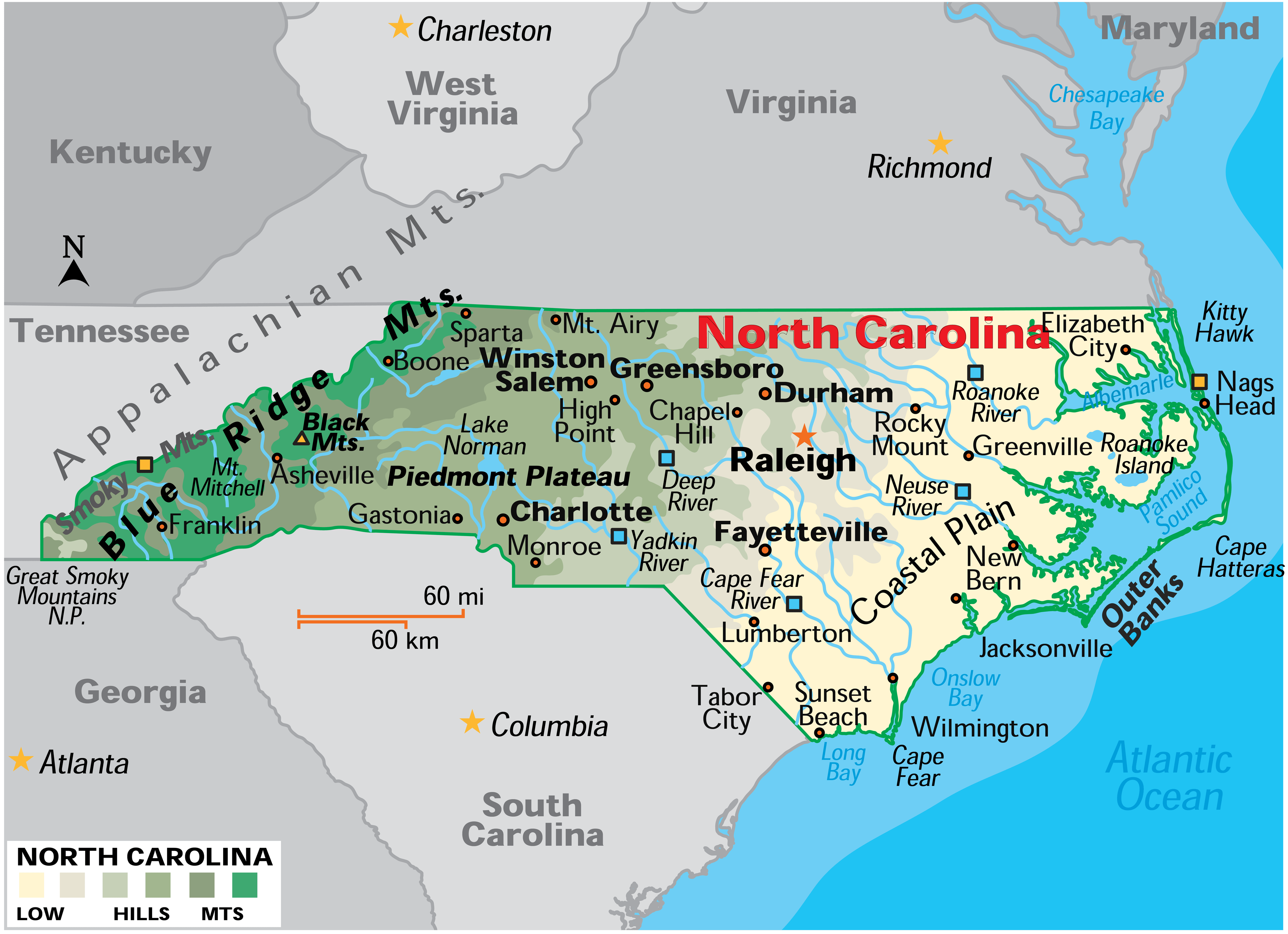 North Carolina cities and physical map