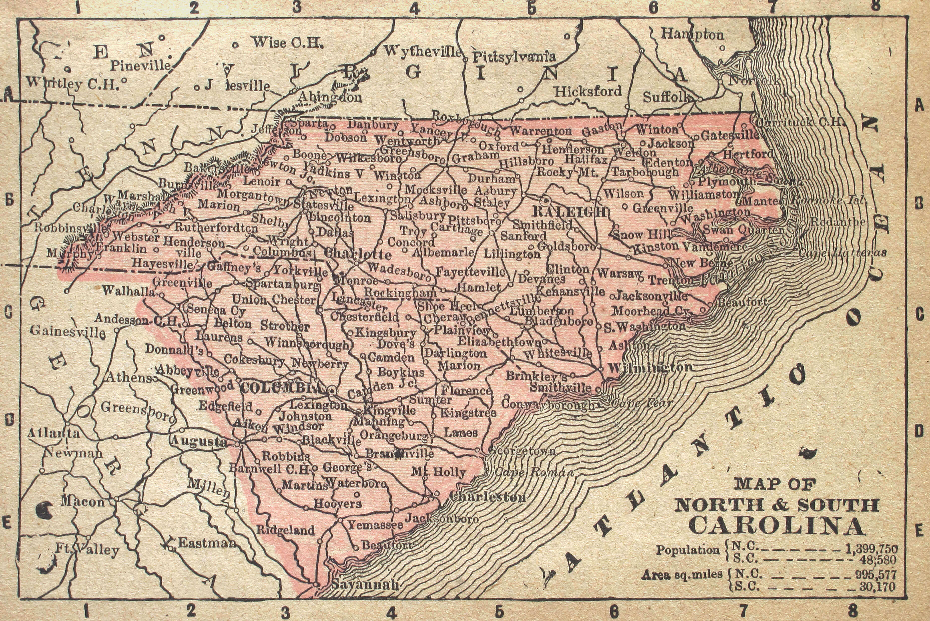 North Carolina cities historical map 1880