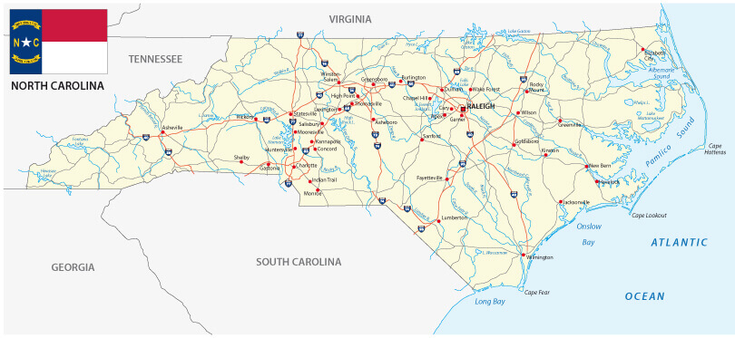 North Carolina cities roads map