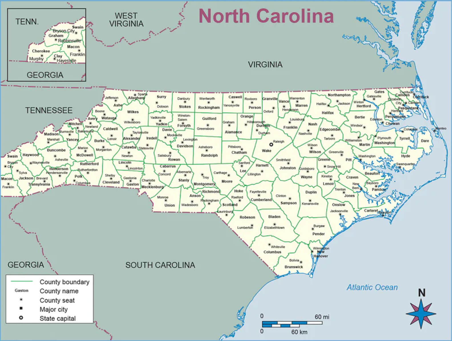 North Carolina county outline wall map