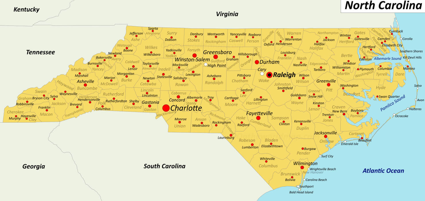 North Carolina major cities map