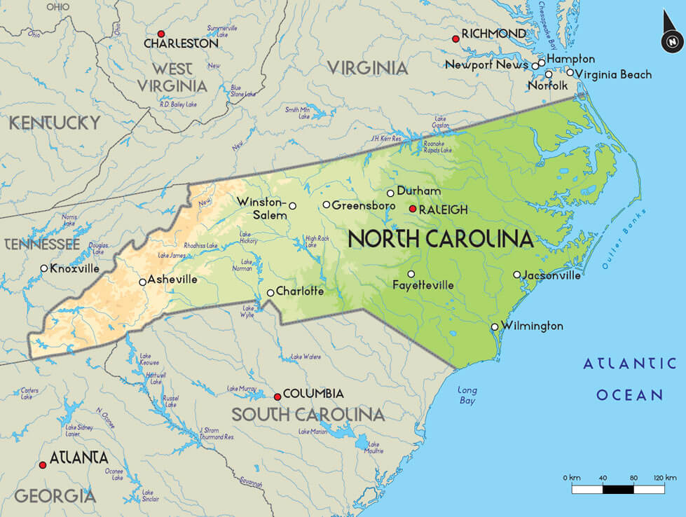 North Carolina physical and major cities map