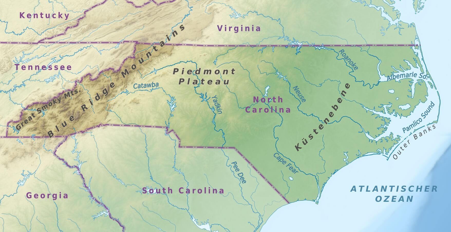North Carolina physical main cities map