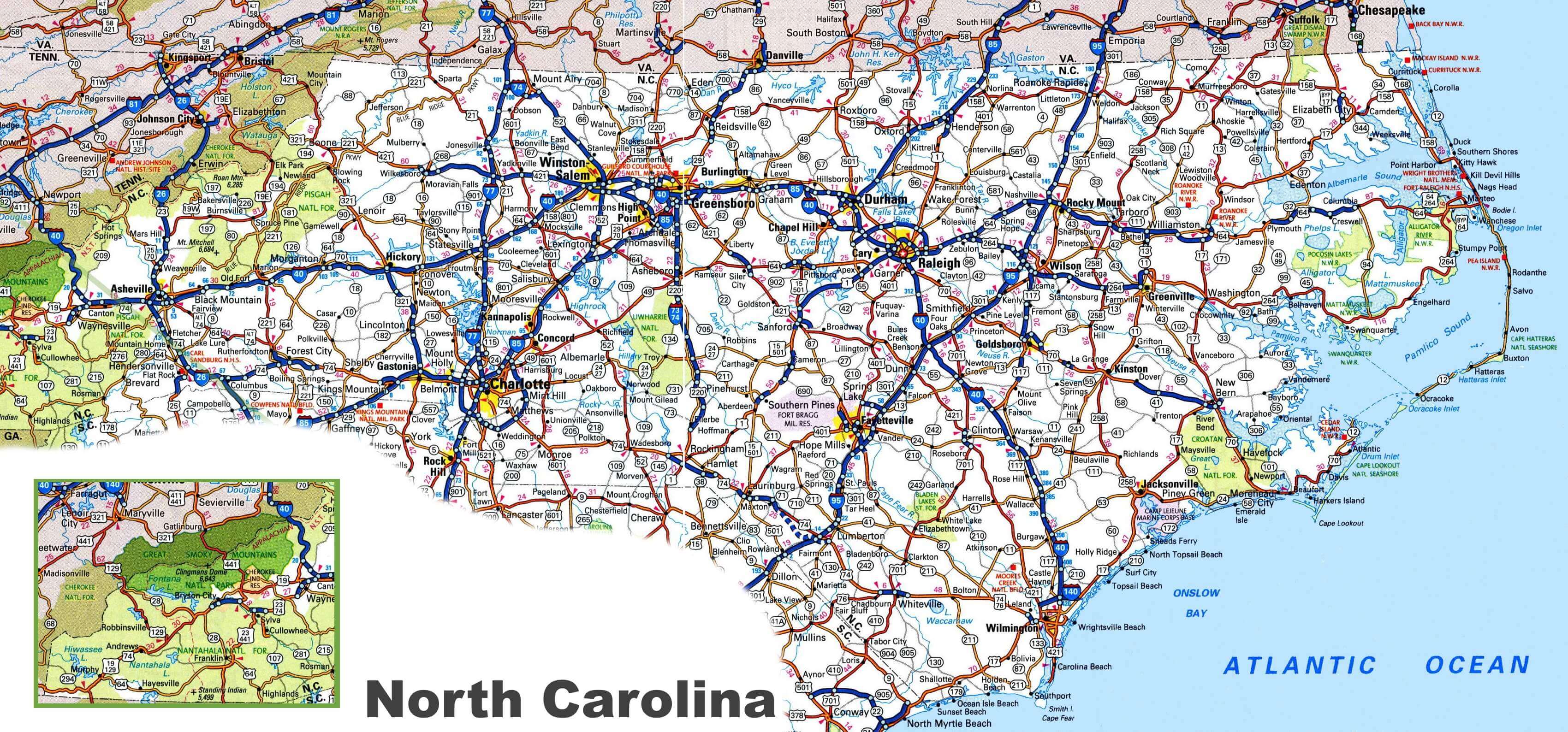 North Carolina roads map with cities