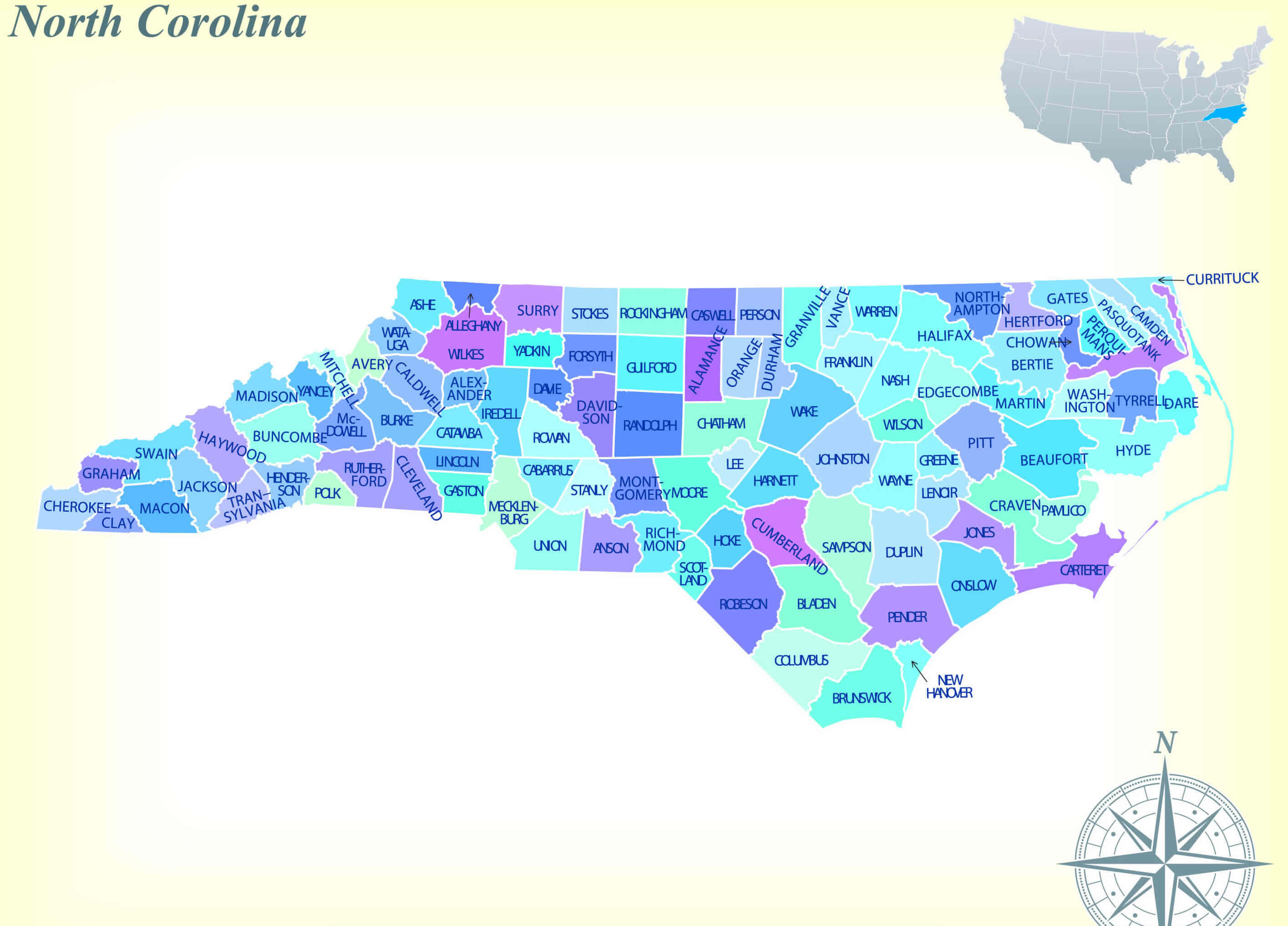 North Carolina state map in the US