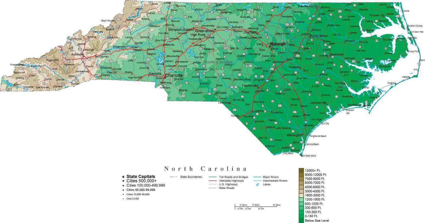 Physical map of North Carolina with cities