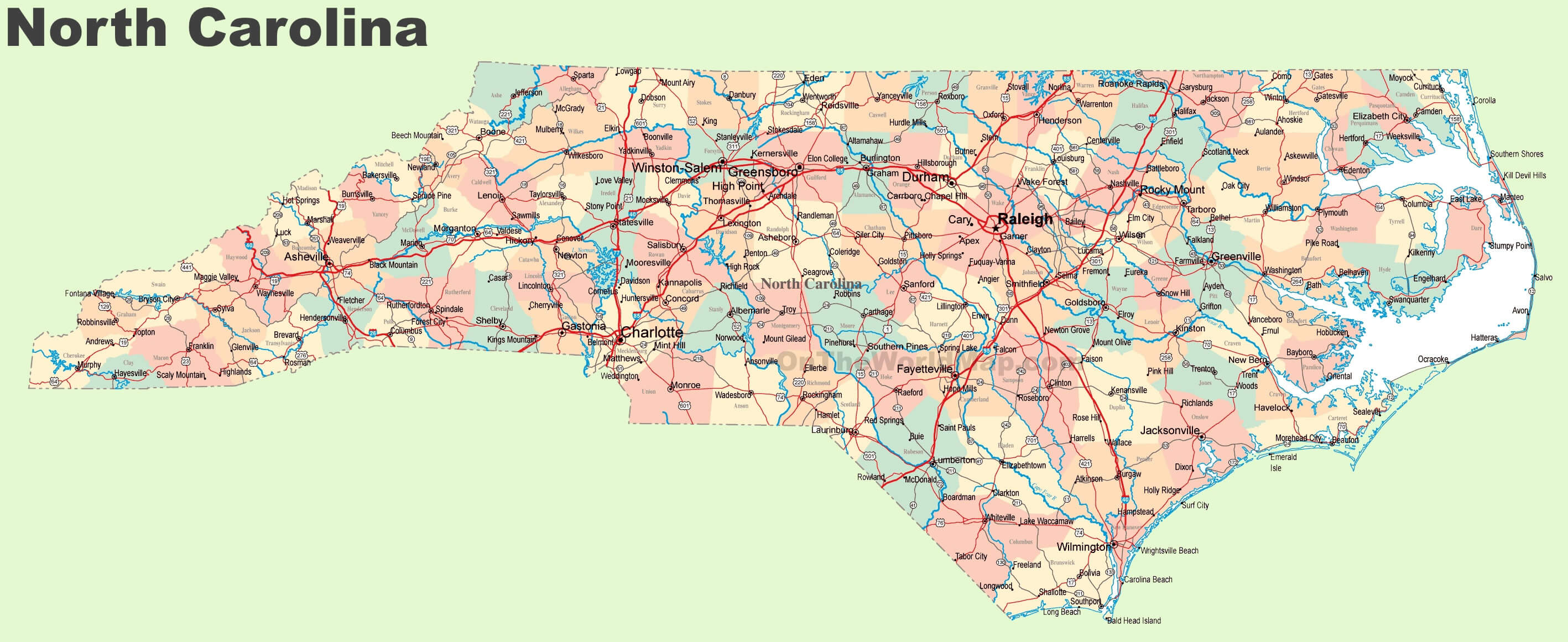 Road map of North Carolina with cities	